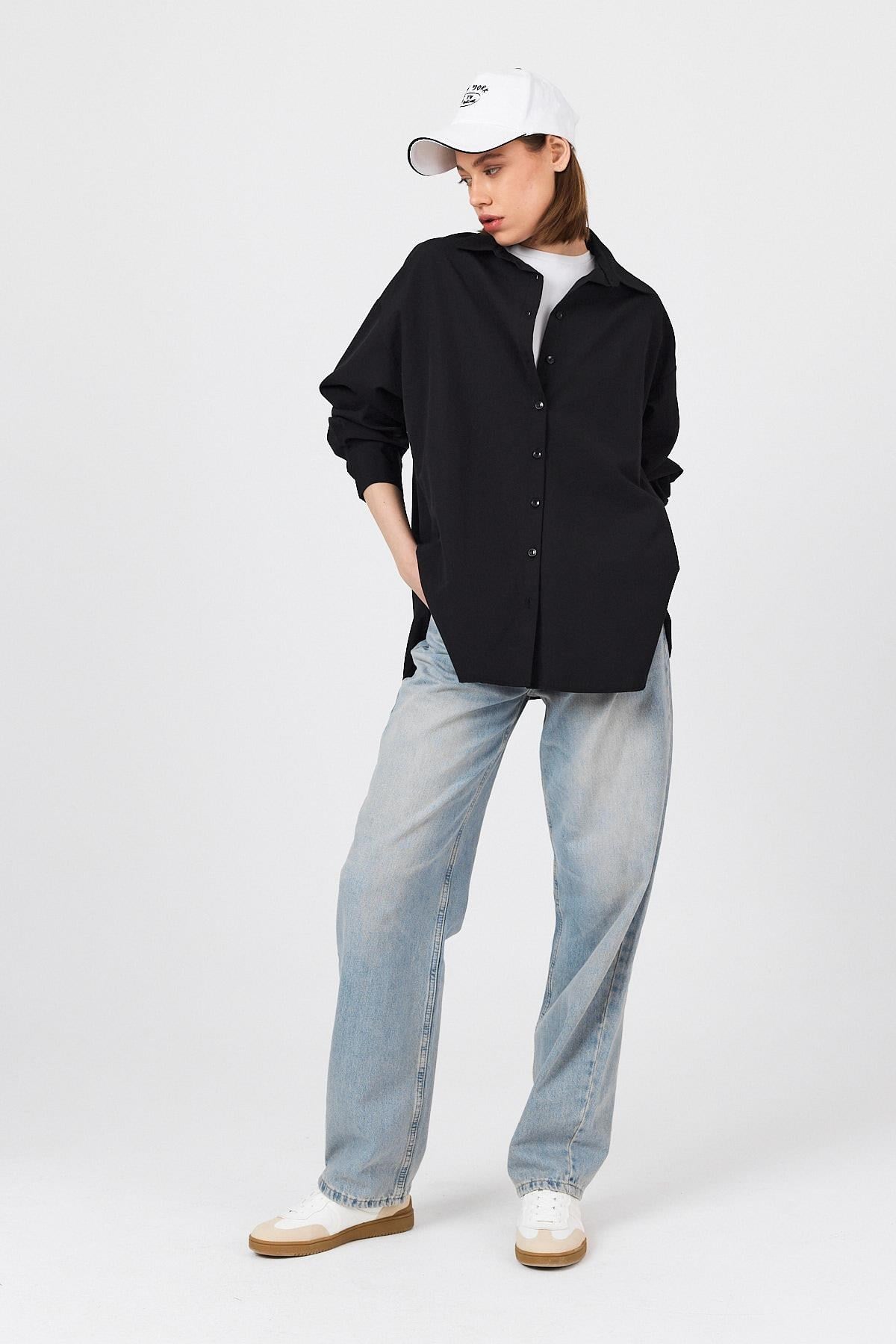 Siyah Oversize Basic Uzun Gömlek 4664A