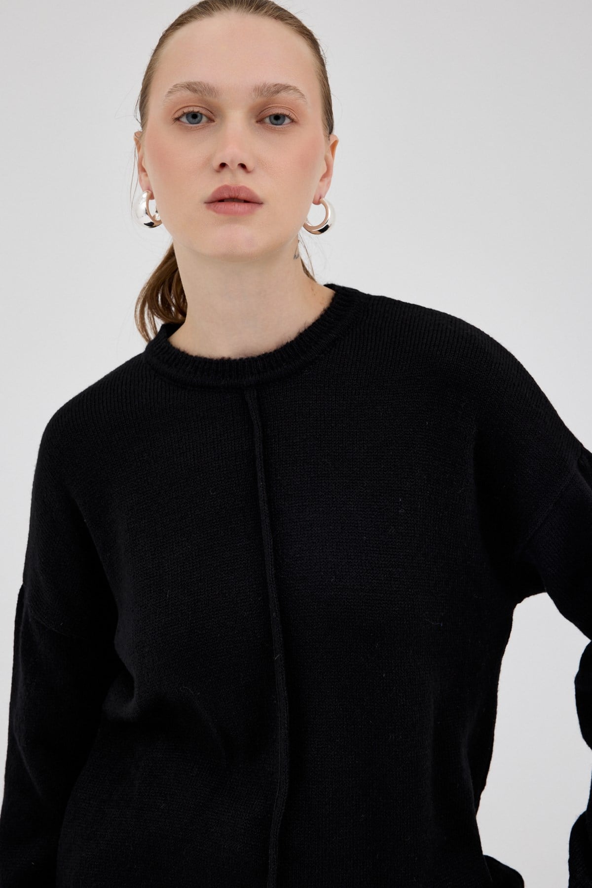 Siyah Oversize Bisiklet Yaka Kadın Kazak 2345