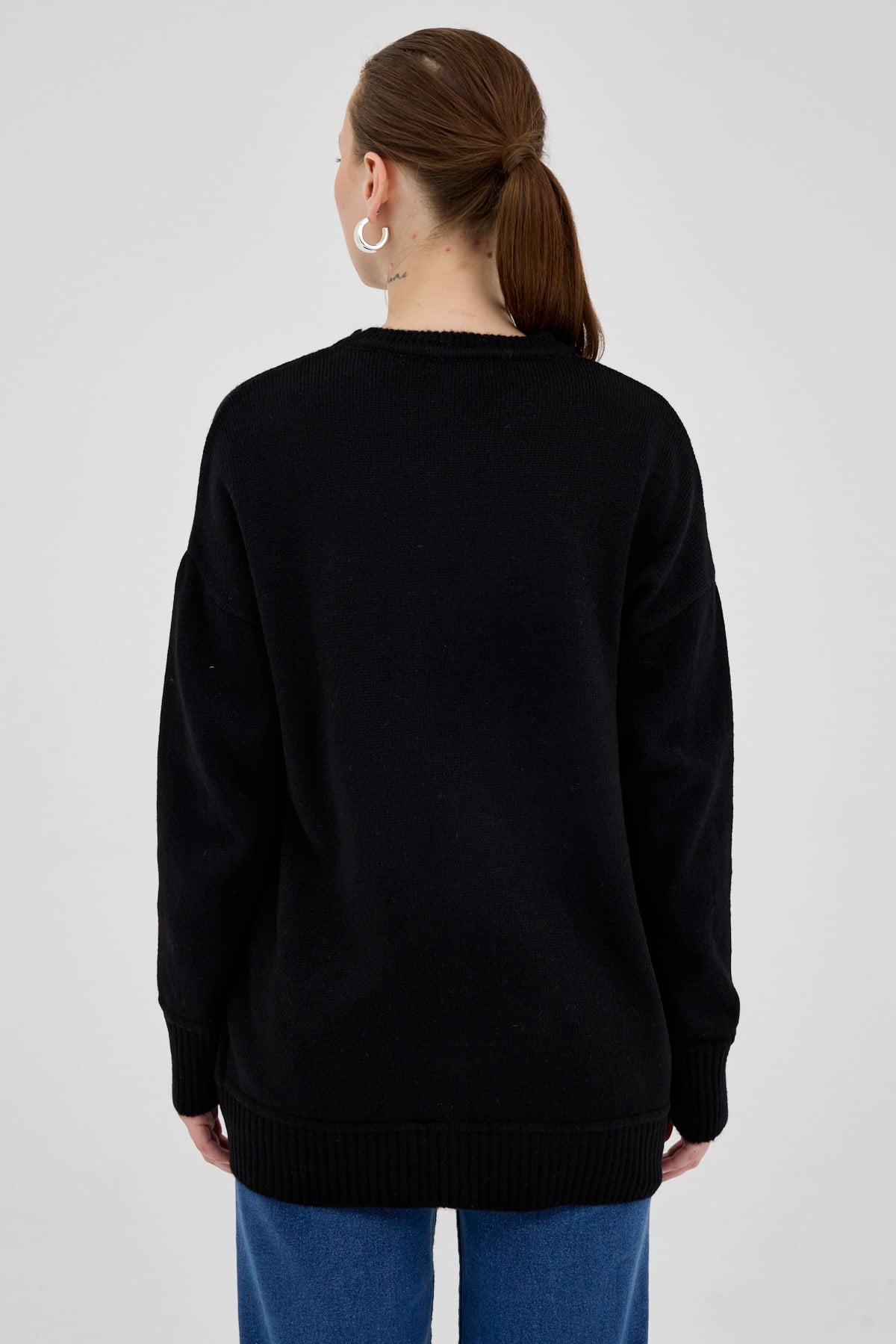 Siyah Oversize Bisiklet Yaka Kadın Kazak 2345