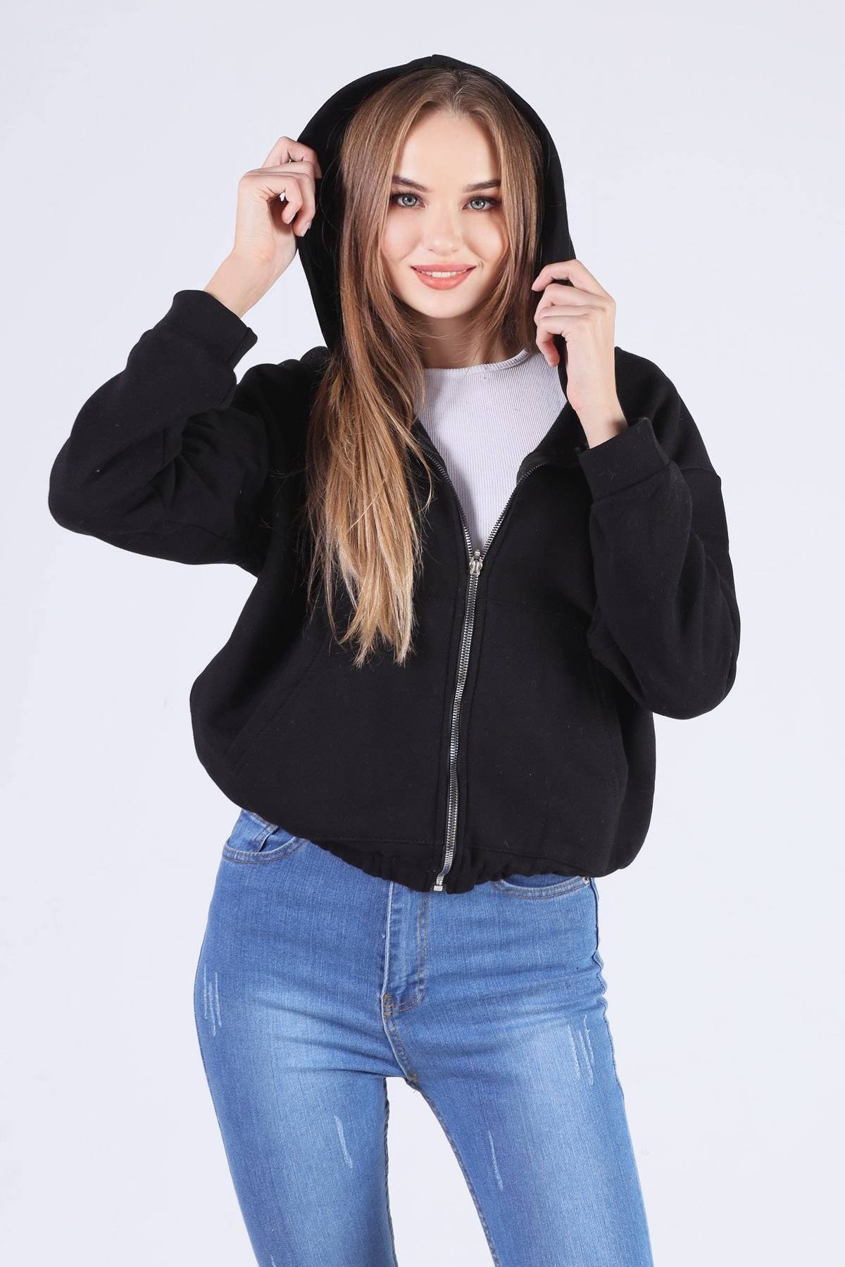 Siyah Oversize Fermuarlı Sweat 8125M