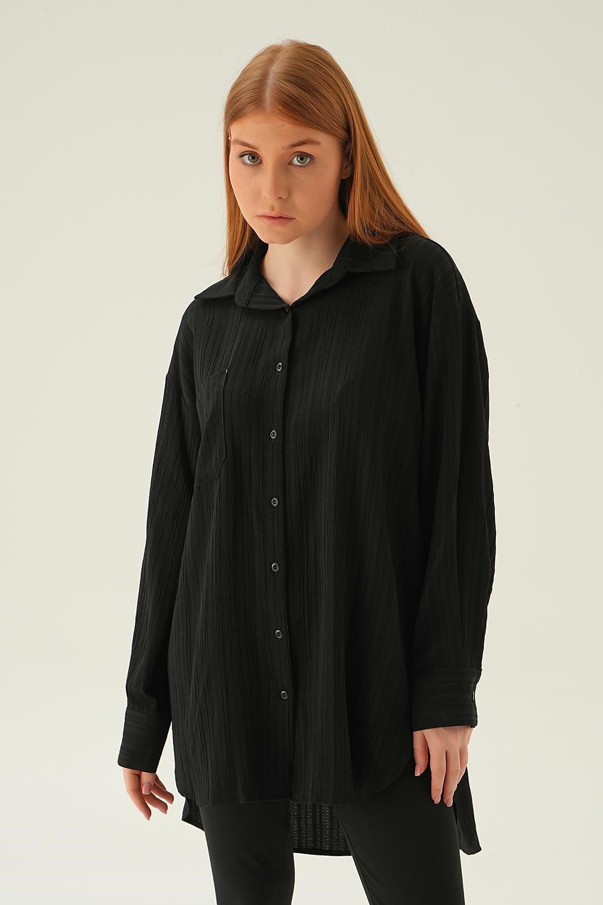 Siyah Oversize Gömlek 6644-1