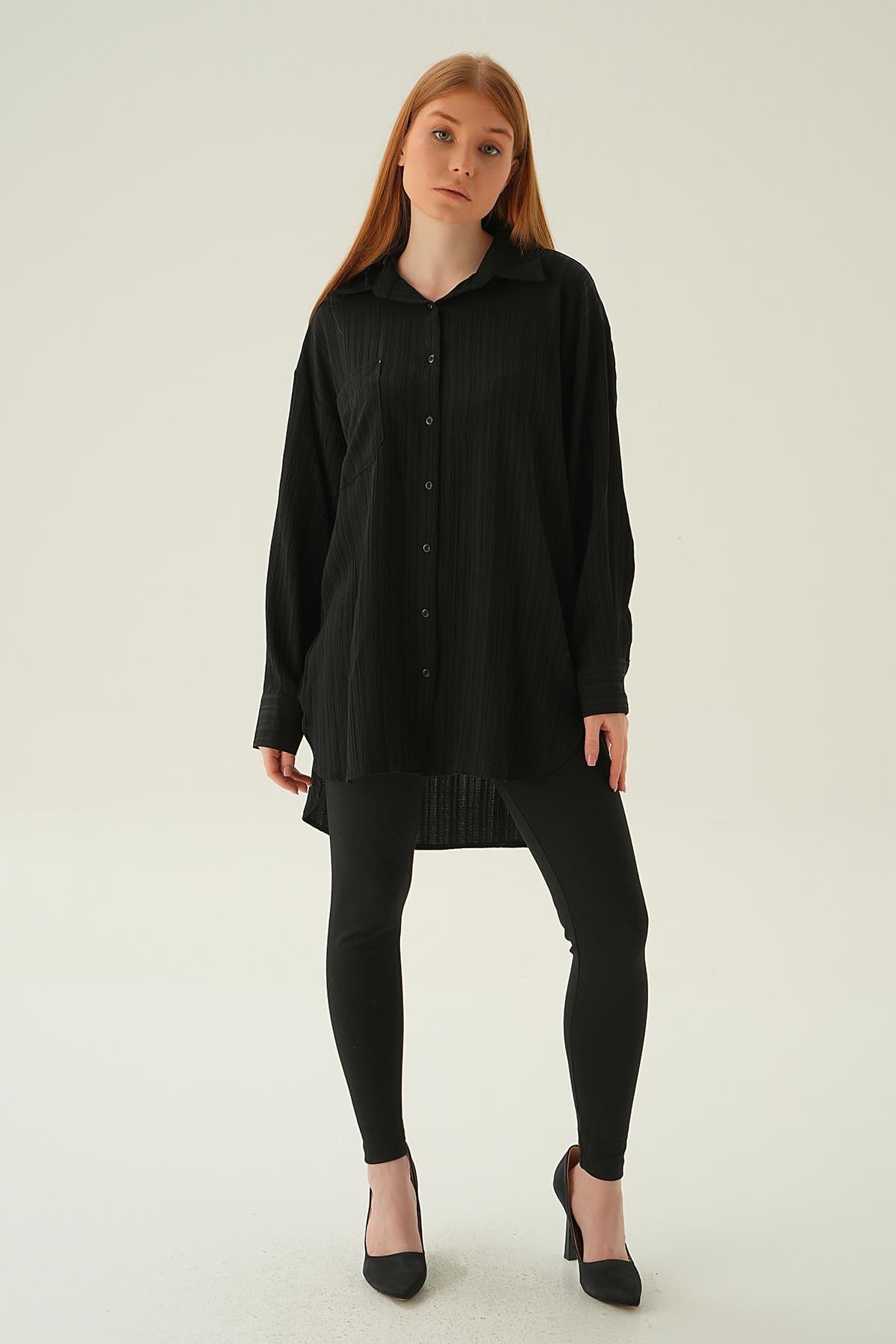 Siyah Oversize Gömlek 6644-1