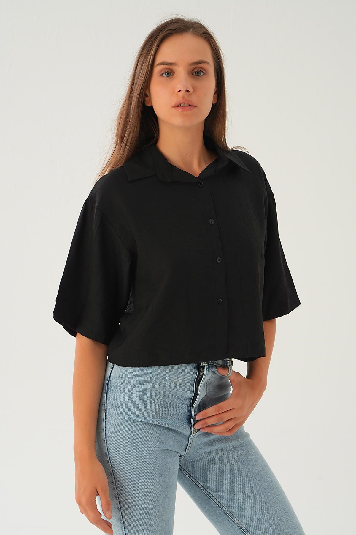 Siyah Oversize Kısa Gömlek 4159A