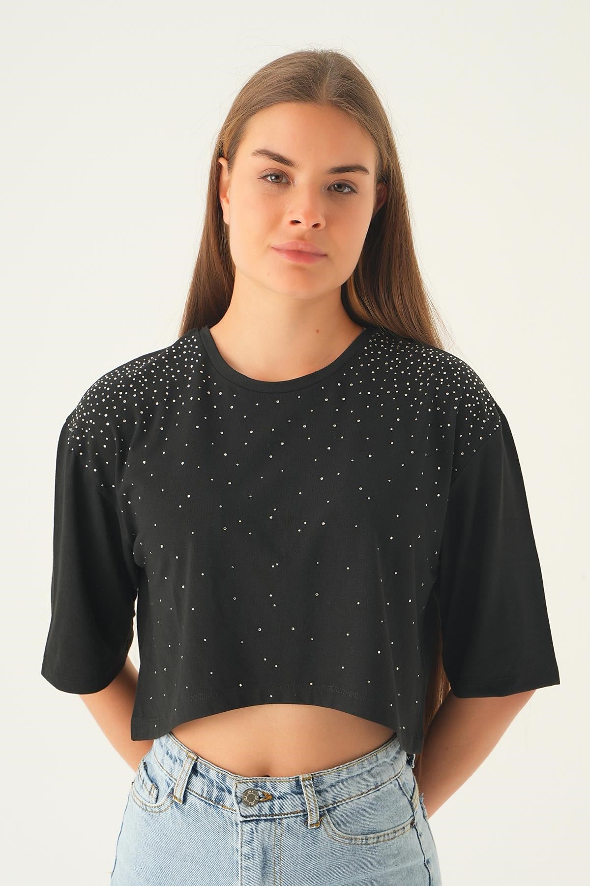 Siyah Oversize Taşlı Tişört 21569