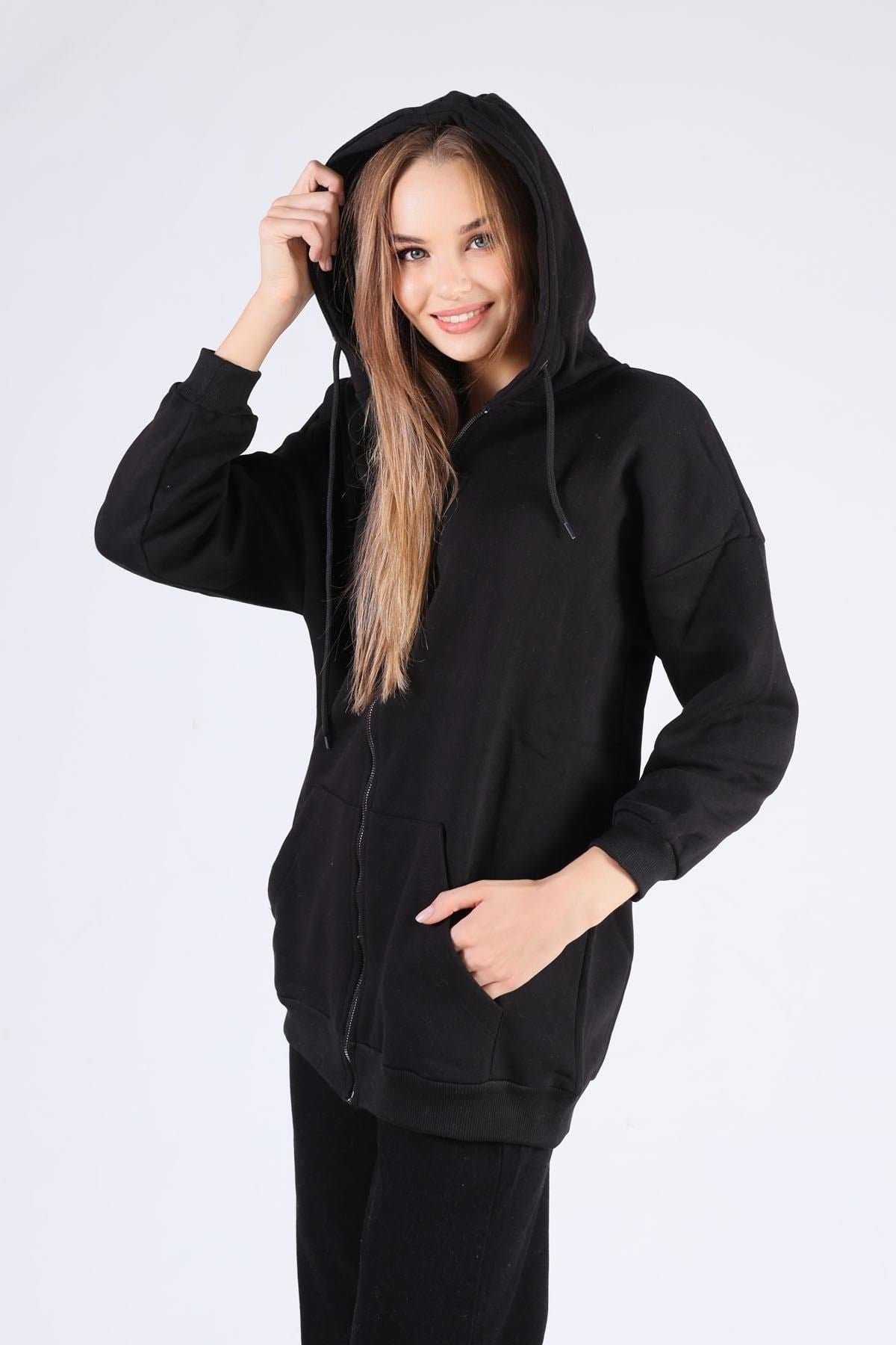 Siyah Oversize Uzun Fermuarlı Sweat 8124M