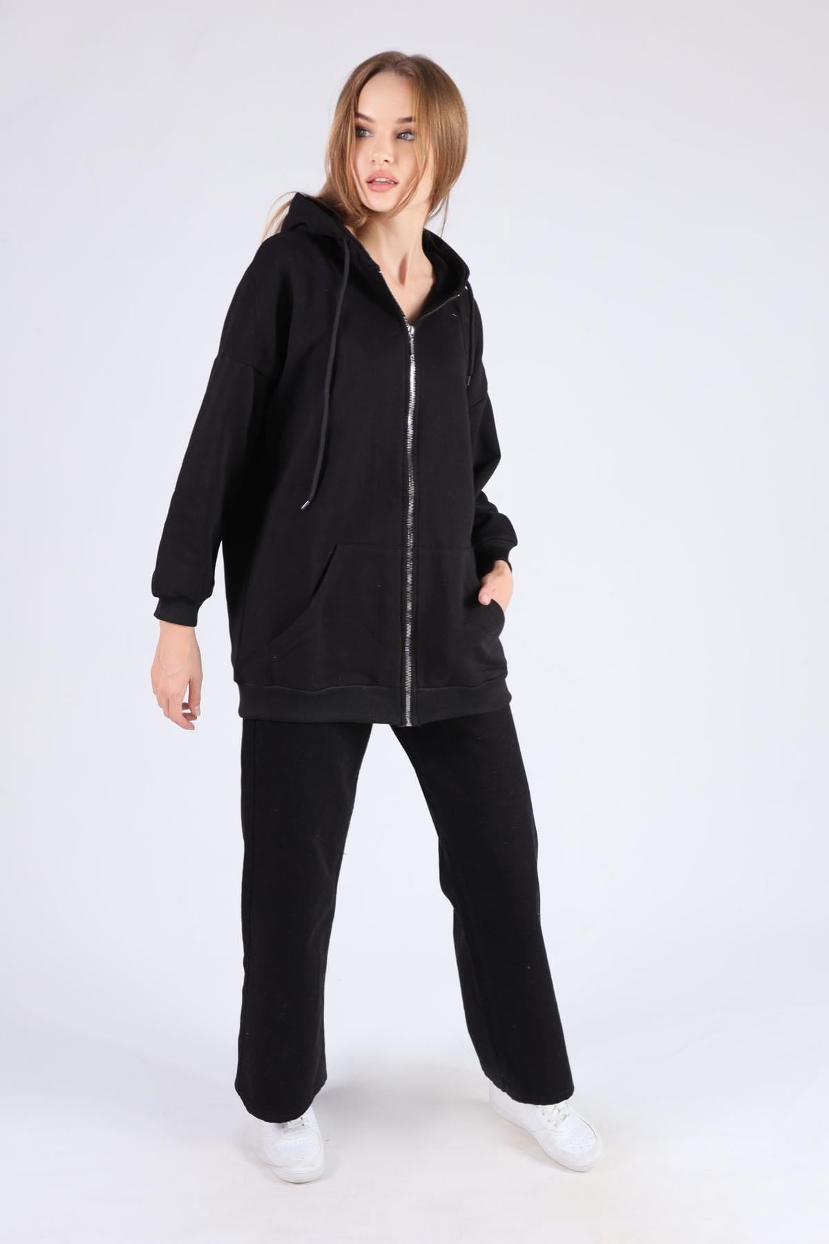 Siyah Oversize Uzun Fermuarlı Sweat 8124M