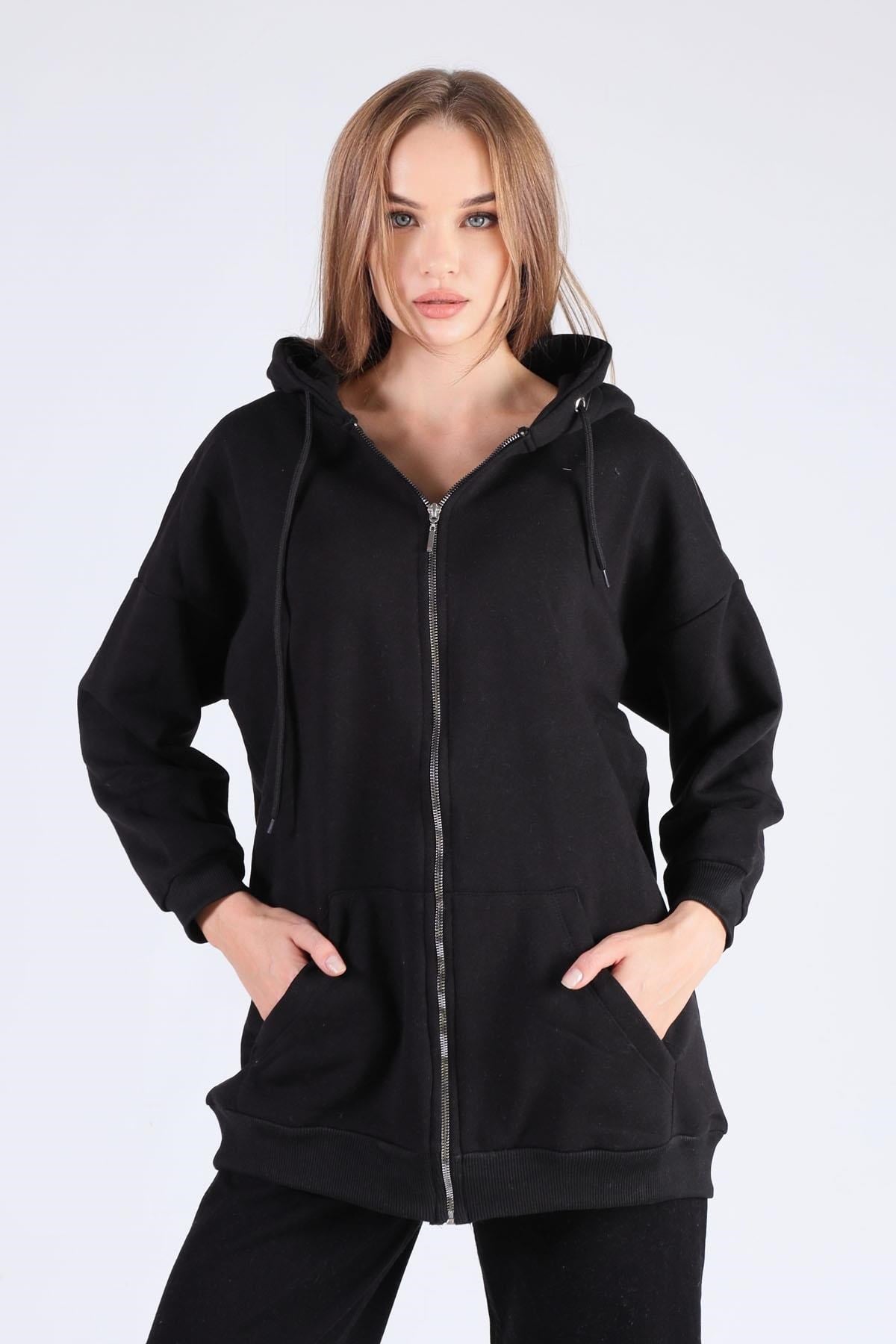 Siyah Oversize Uzun Fermuarlı Sweat 8124M
