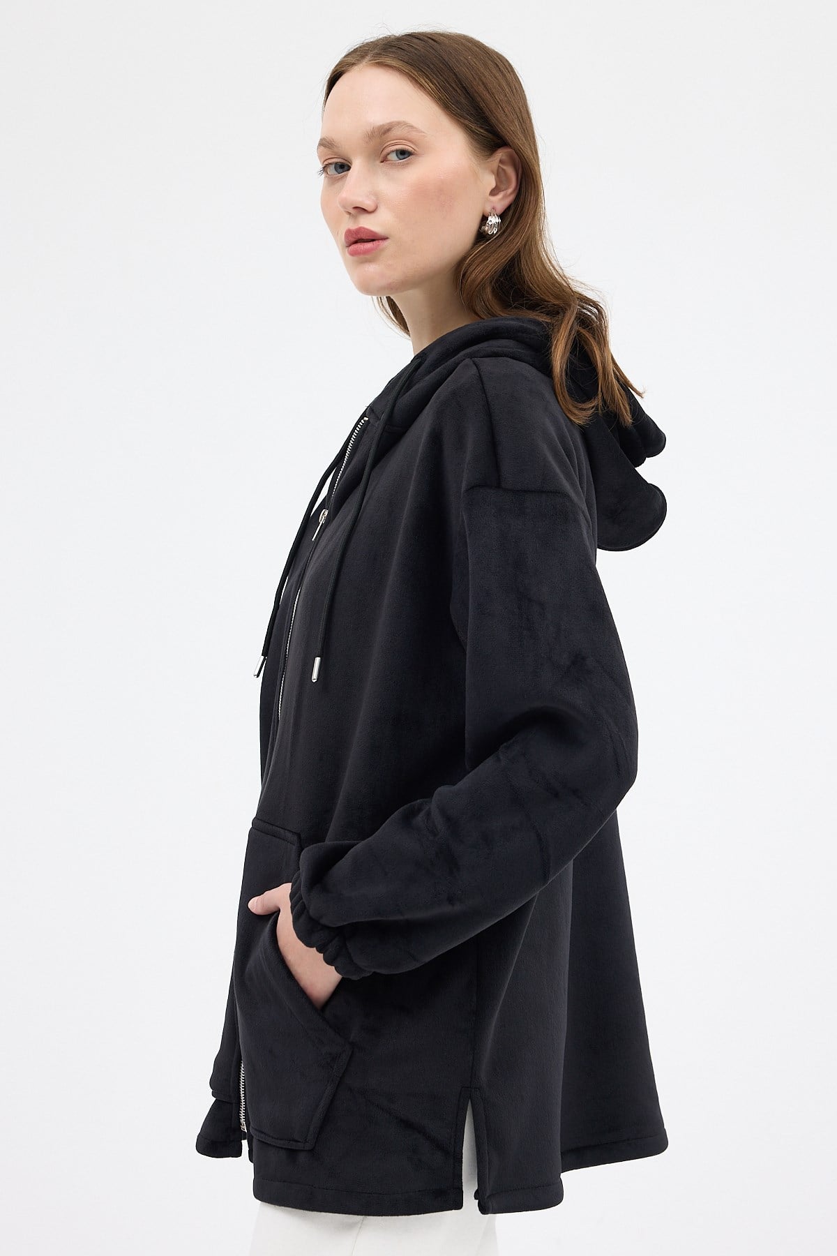 Siyah Peluş Fermuarlı Kapüşonlu Kadın Sweatshirt 3057A