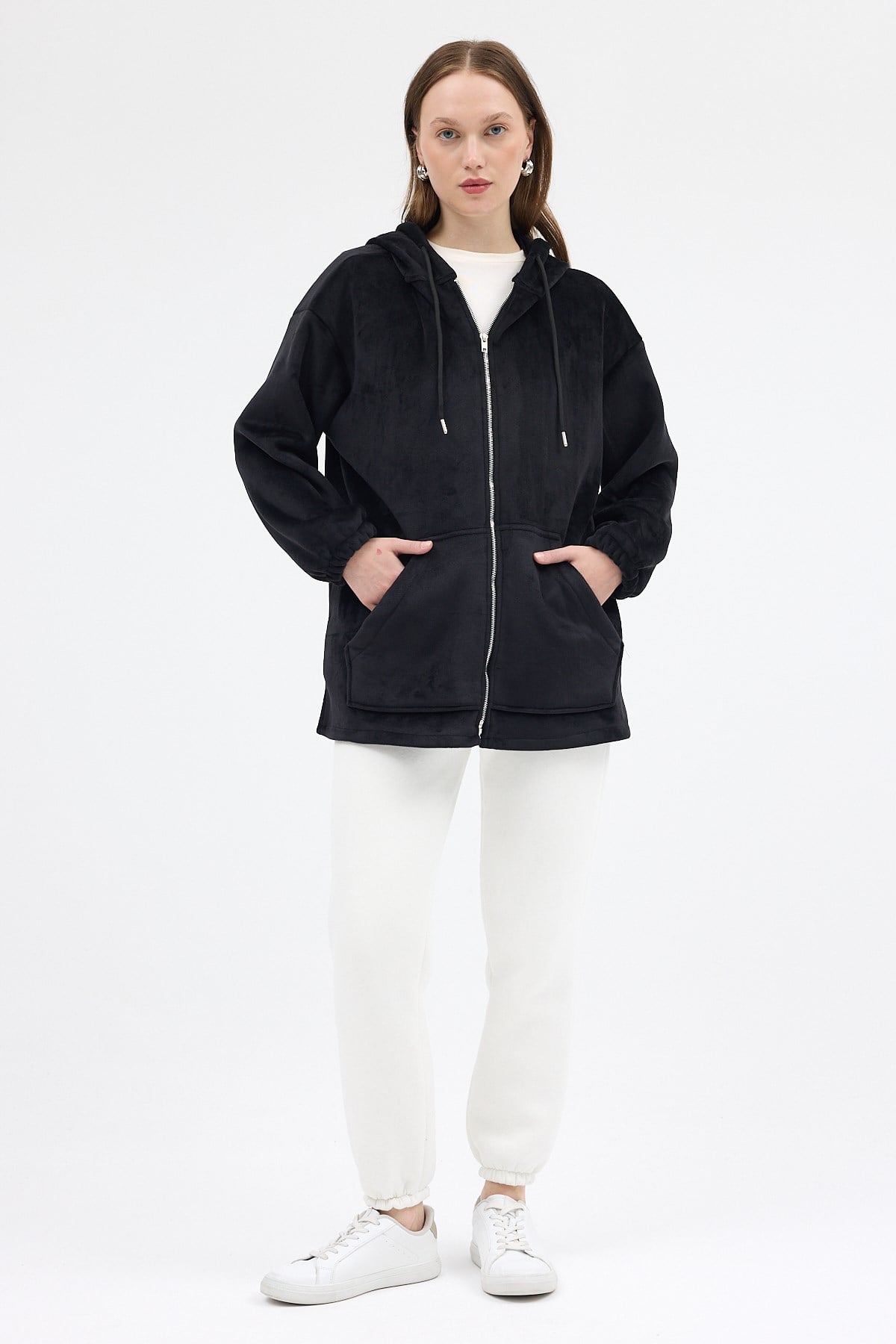 Siyah Peluş Fermuarlı Kapüşonlu Kadın Sweatshirt 3057A