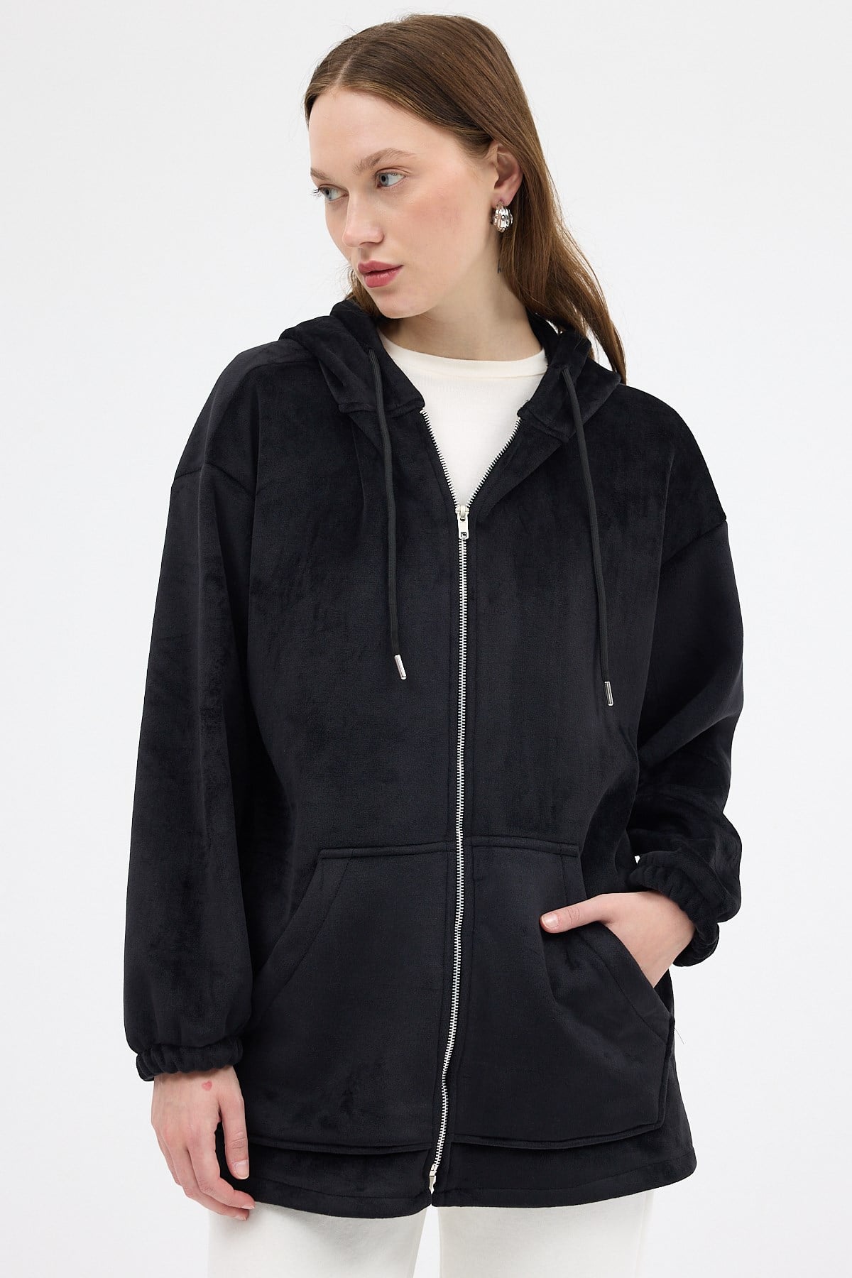 Siyah Peluş Fermuarlı Kapüşonlu Kadın Sweatshirt 3057A