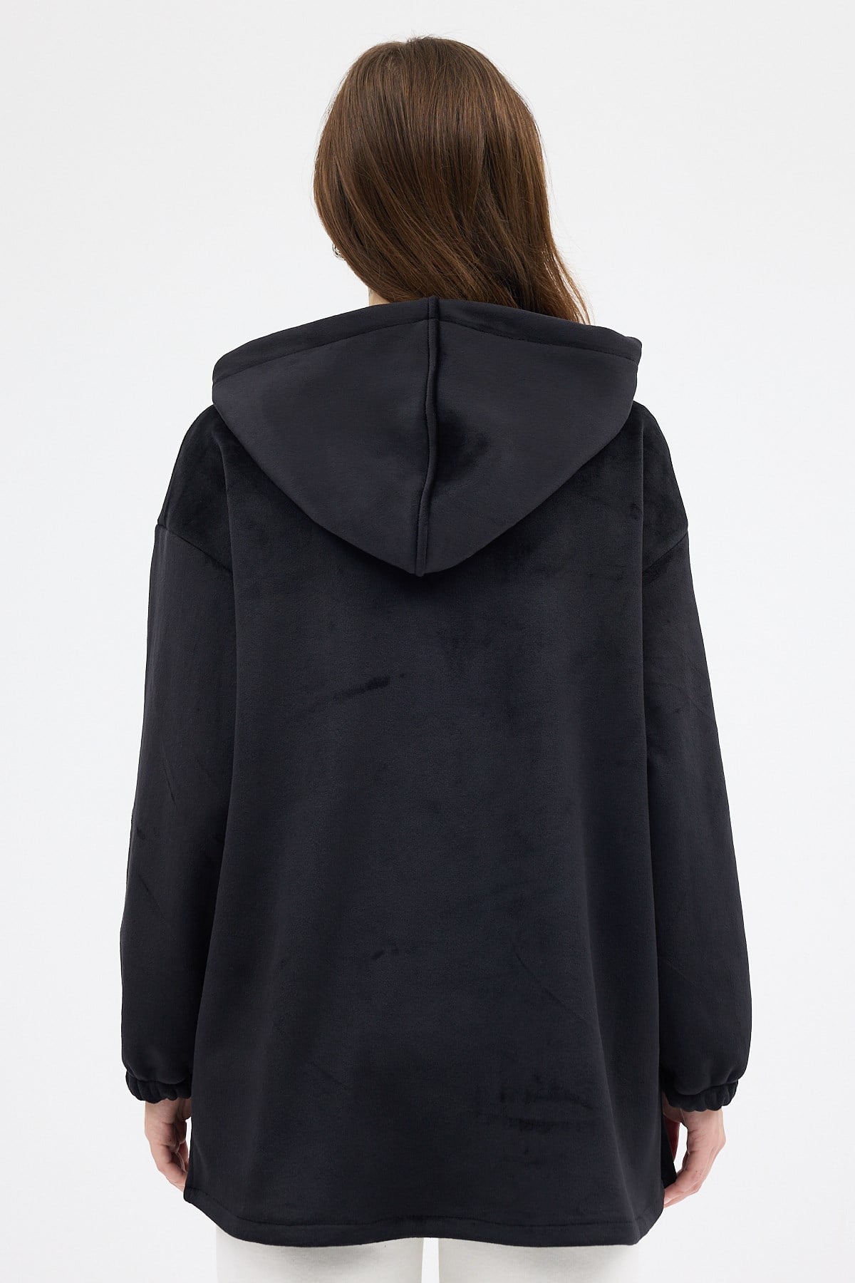 Siyah Peluş Fermuarlı Kapüşonlu Kadın Sweatshirt 3057A