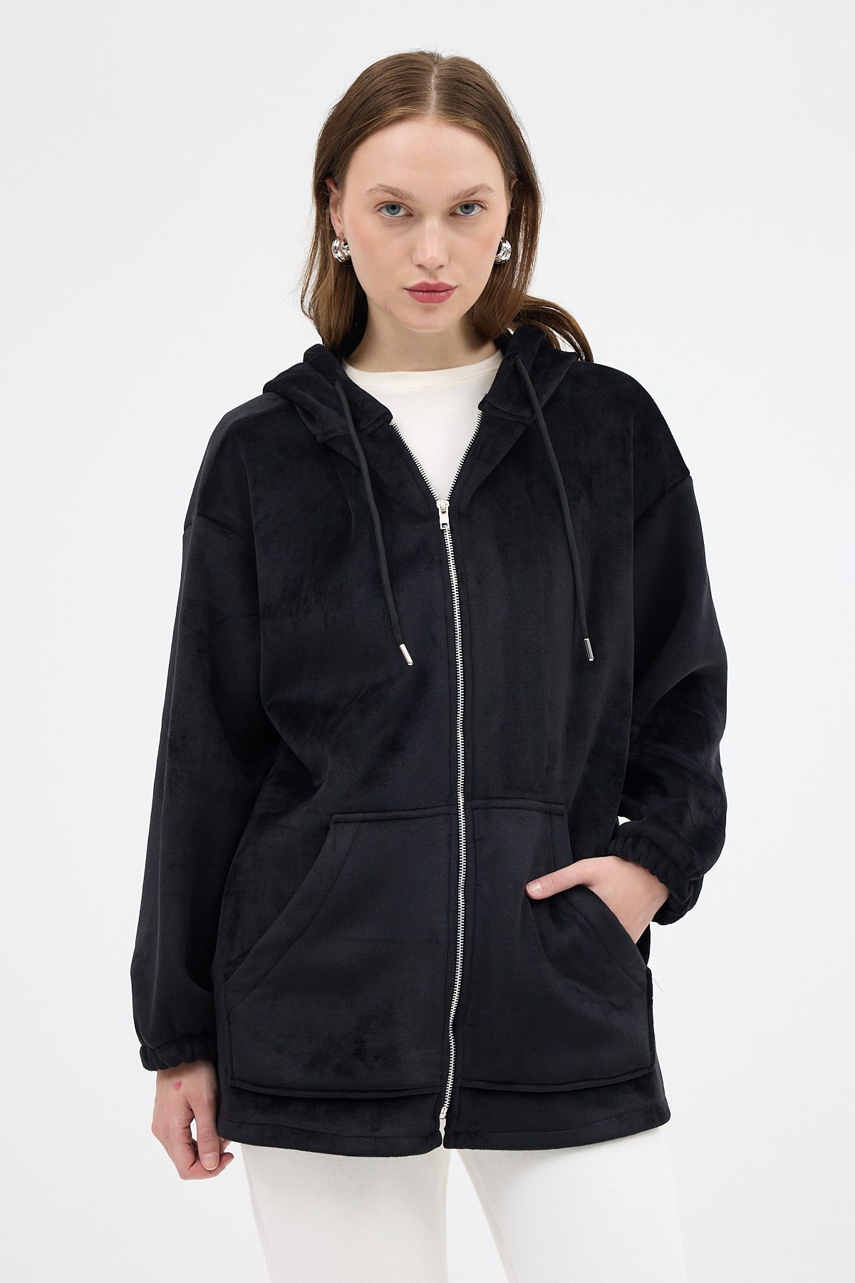 Siyah Peluş Fermuarlı Kapüşonlu Kadın Sweatshirt 3057A