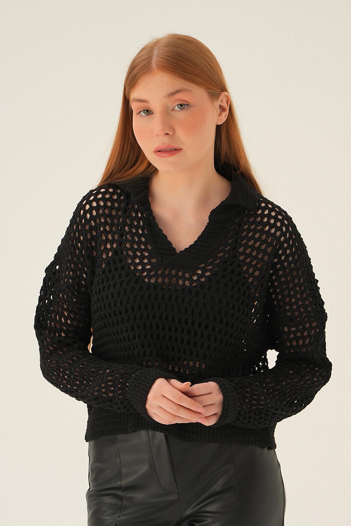 Siyah Polo Yaka Ajurlu Bluz 2402