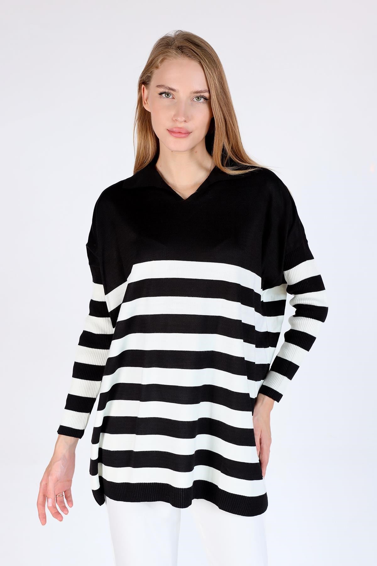 Siyah Polo Yaka Çizgili Tunik 5340