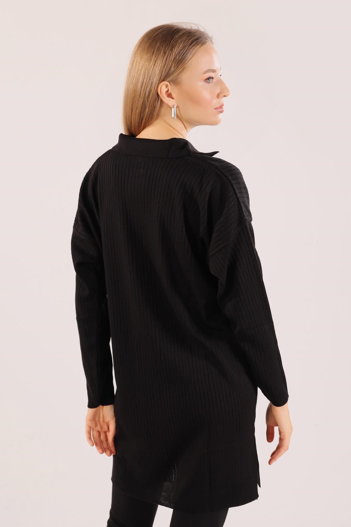 Siyah Polo Yaka Fitilli Kazak 23214