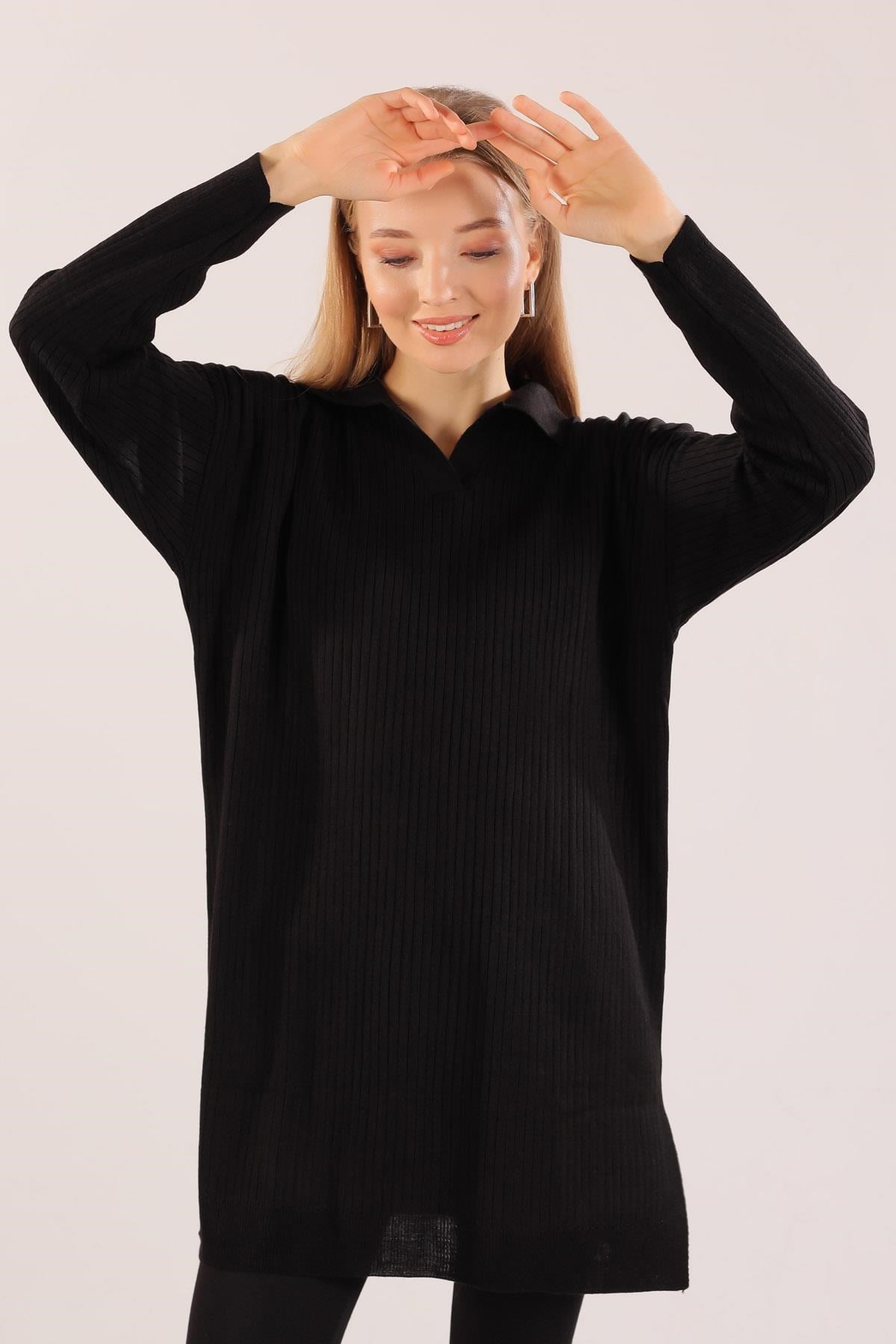 Siyah Polo Yaka Fitilli Kazak 23214