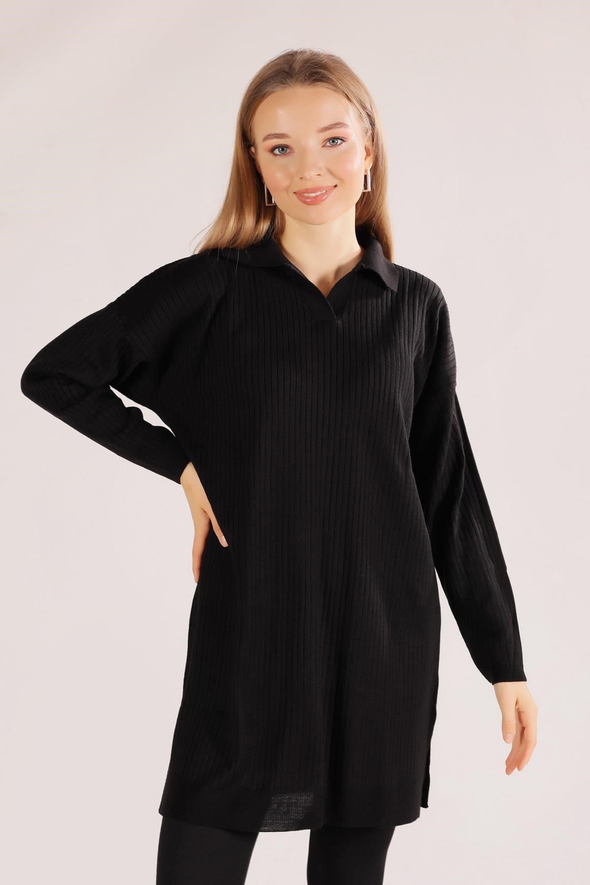 Siyah Polo Yaka Fitilli Kazak 23214