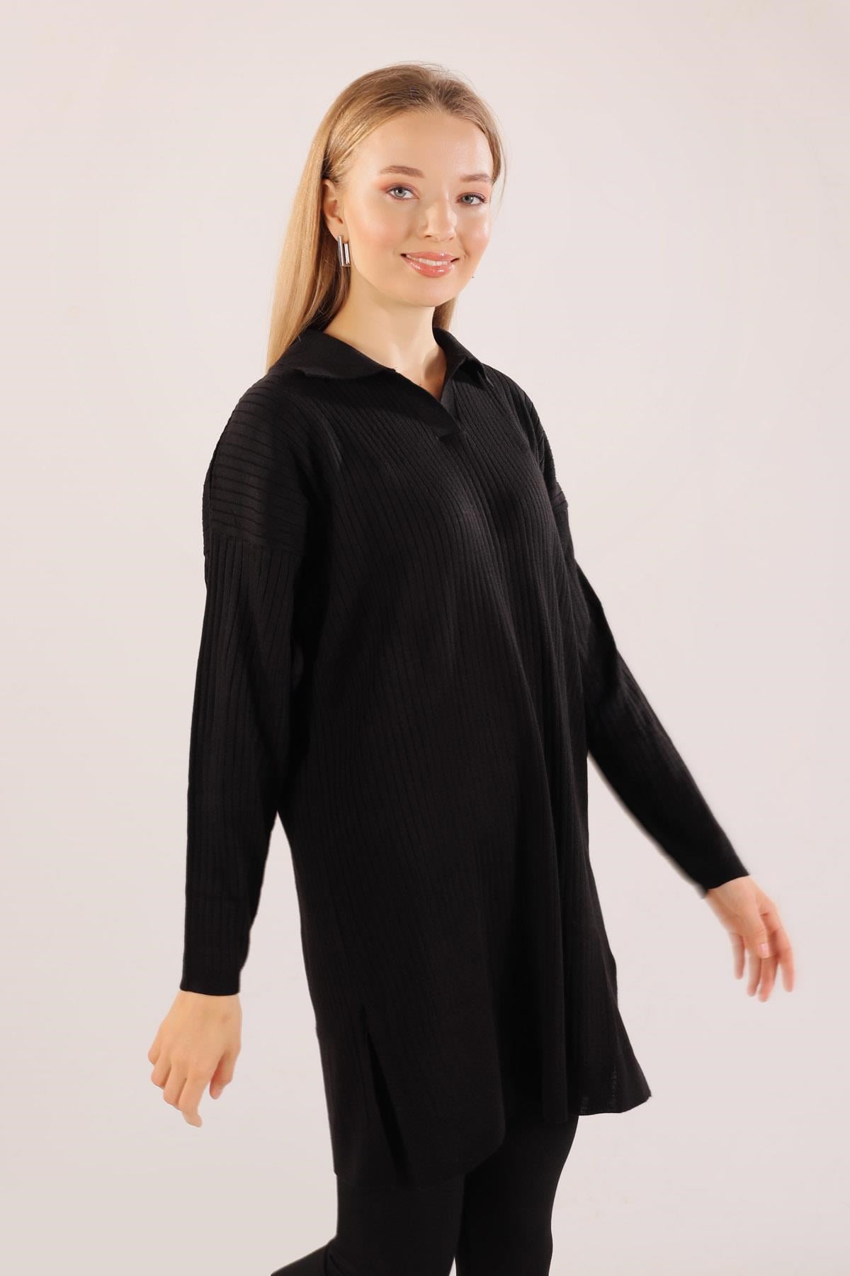 Siyah Polo Yaka Fitilli Kazak 23214