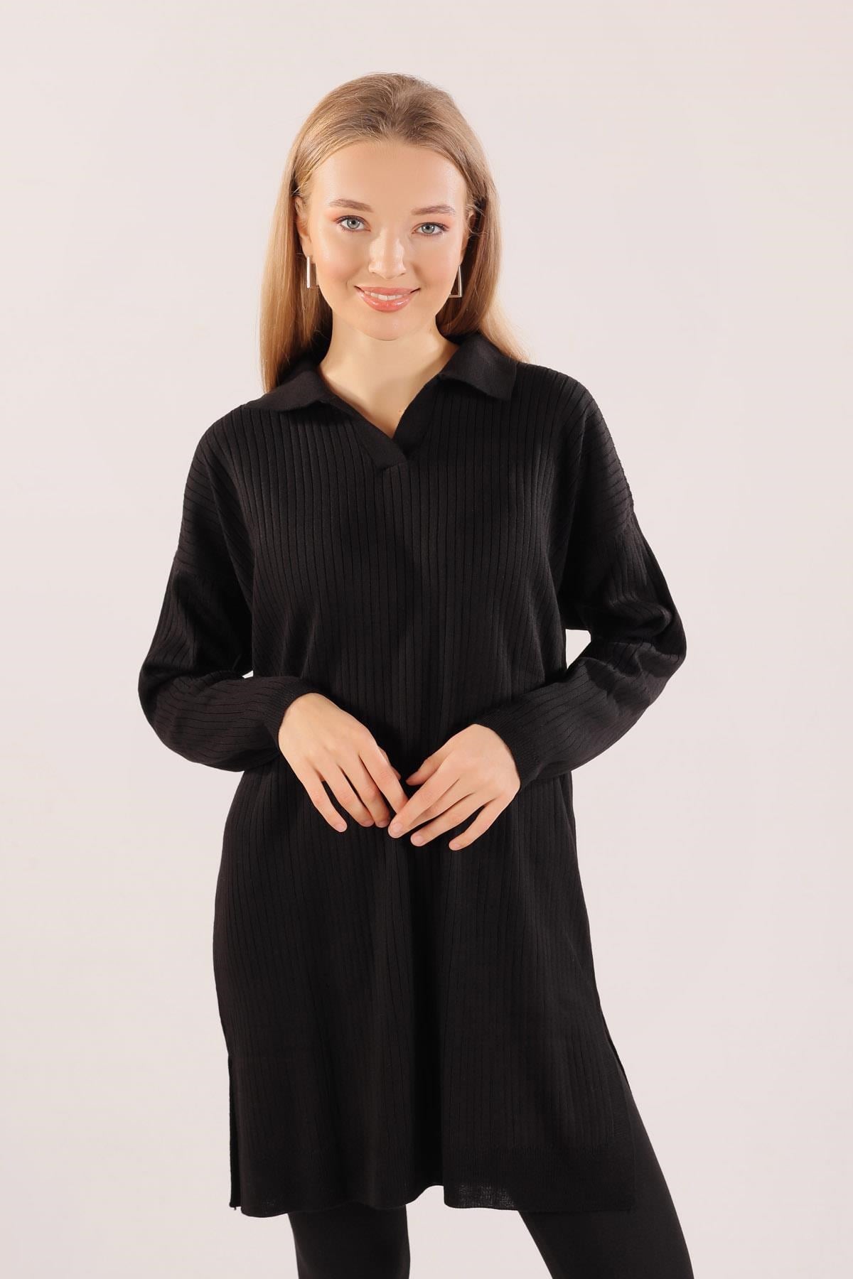Siyah Polo Yaka Fitilli Kazak 23214