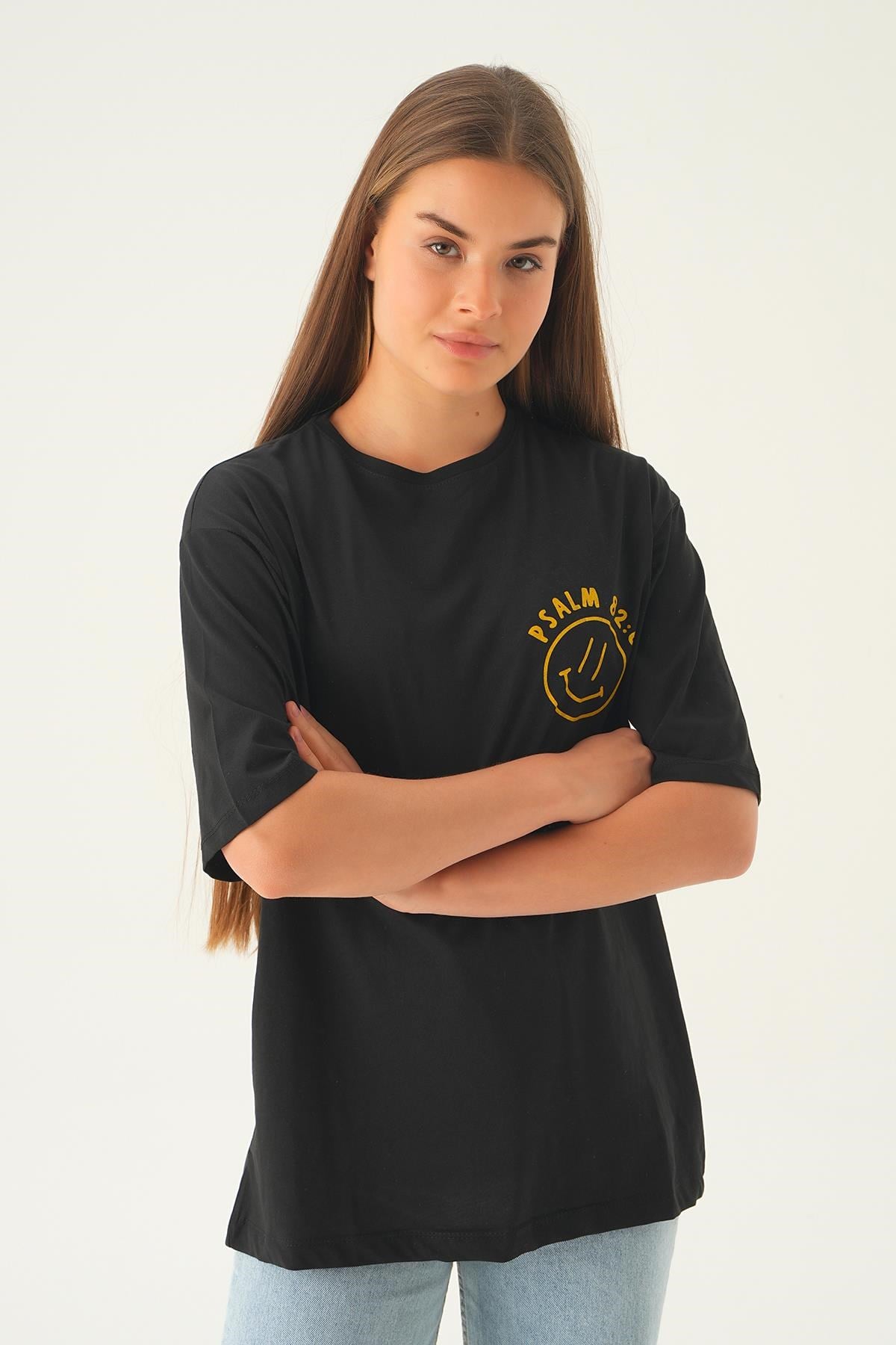 Siyah Psalm Baskı Oversize Tişört 1702