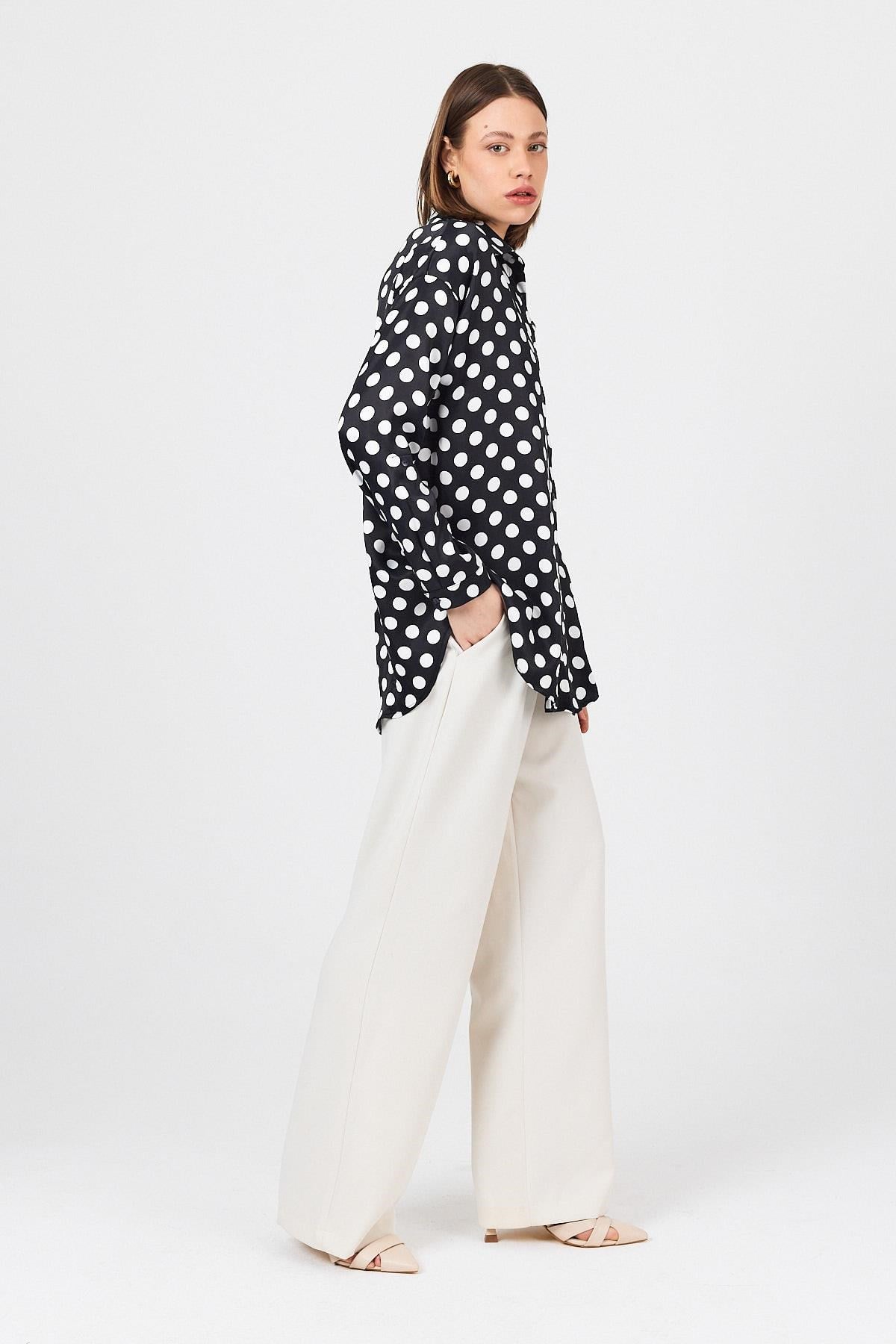 Siyah Puantiye Desen Oversize Saten Gömlek 9411
