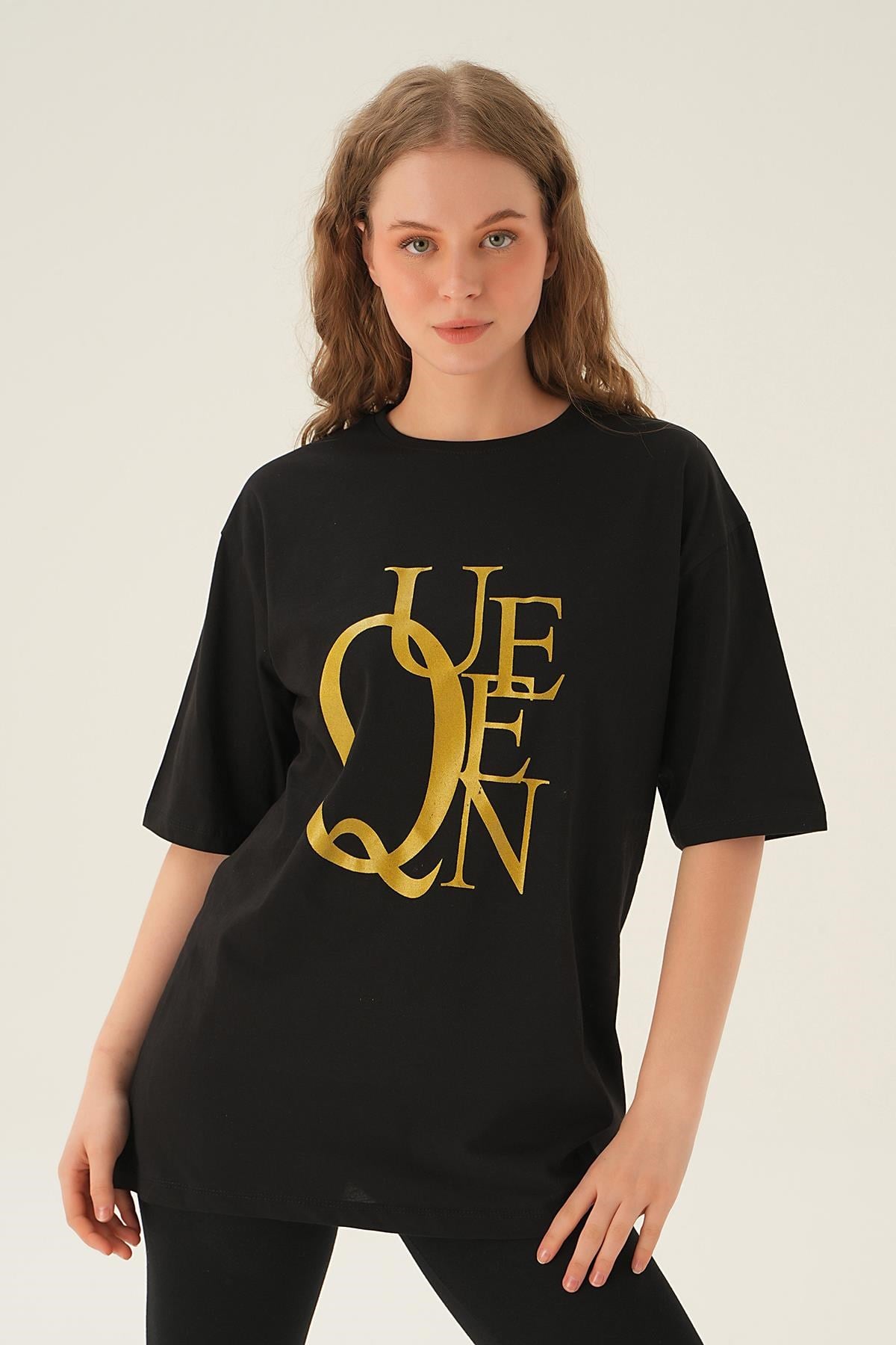 Siyah Queen Baskı Oversize Tişört 1703