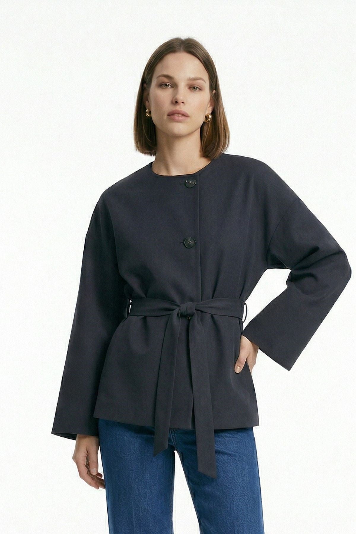Siyah Regular Fit Bisiklet Yaka Kuşaklı Ceket 7672