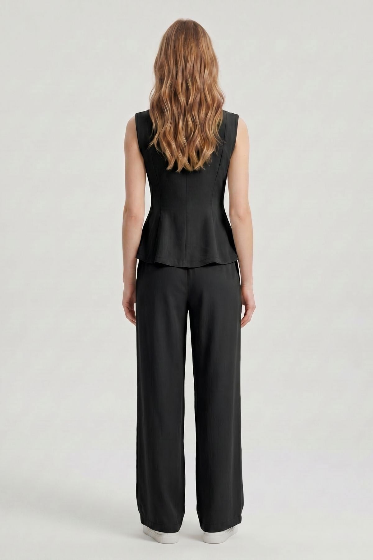 Siyah Sıfır Kol Peplum Bluz Bol Paça Pantolon Takım 18007