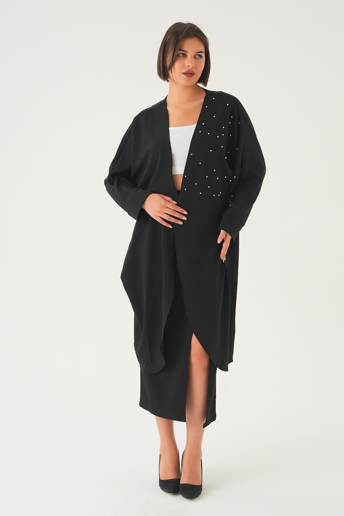 Siyah Taş Detay Uzun Kimono 4107A