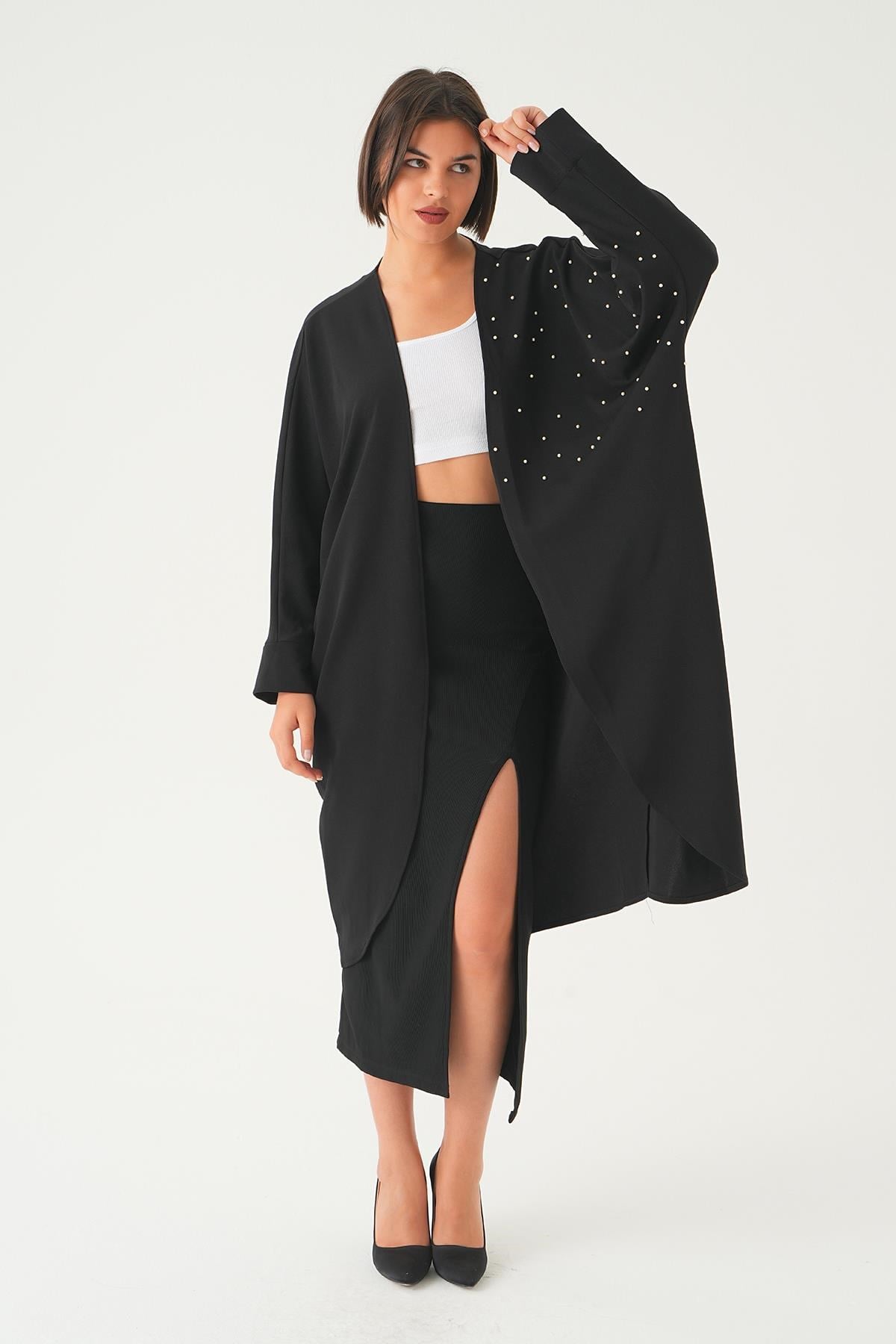Siyah Taş Detay Uzun Kimono 4107A