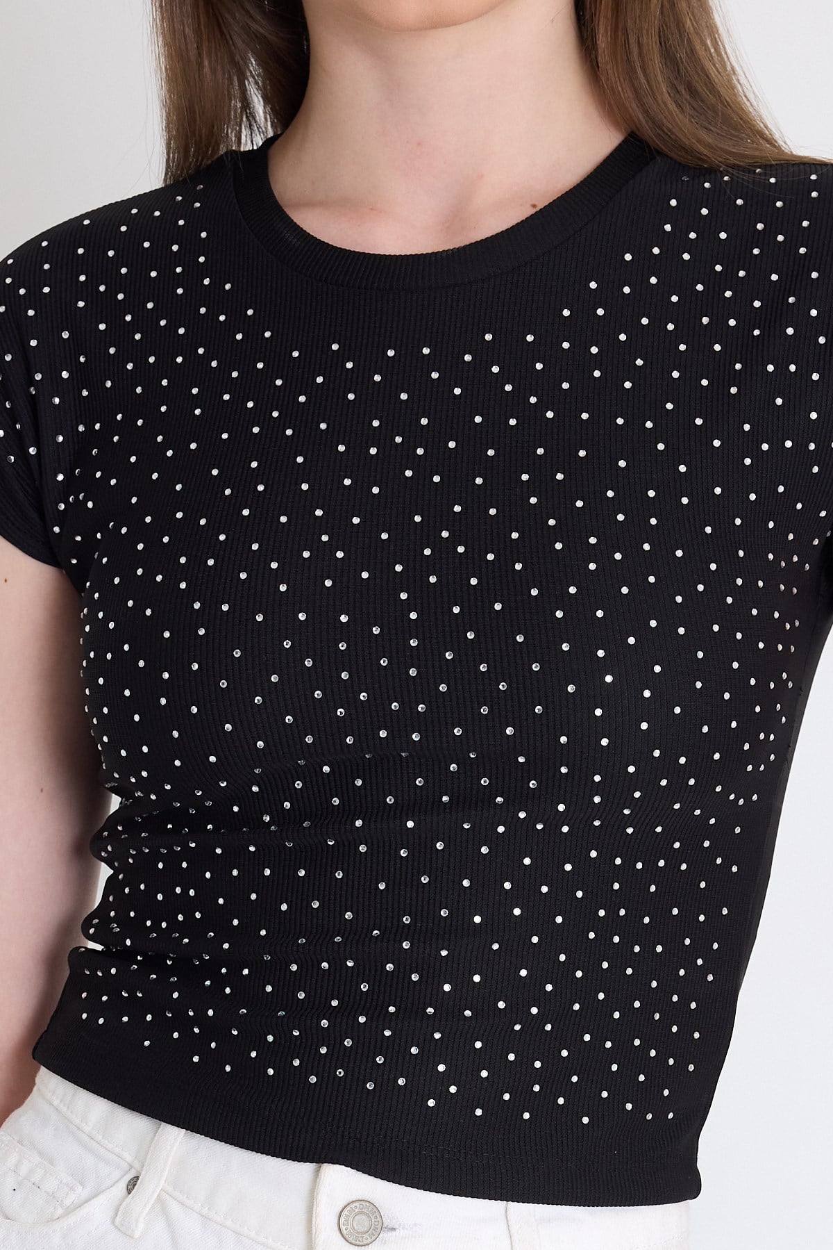 Siyah Taş Detaylı Slim Fit Crop Tişört 9207M