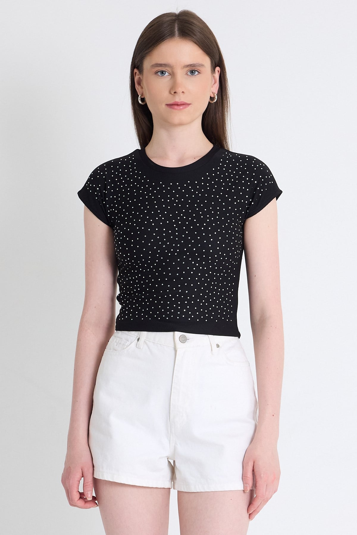 Siyah Taş Detaylı Slim Fit Crop Tişört 9207M