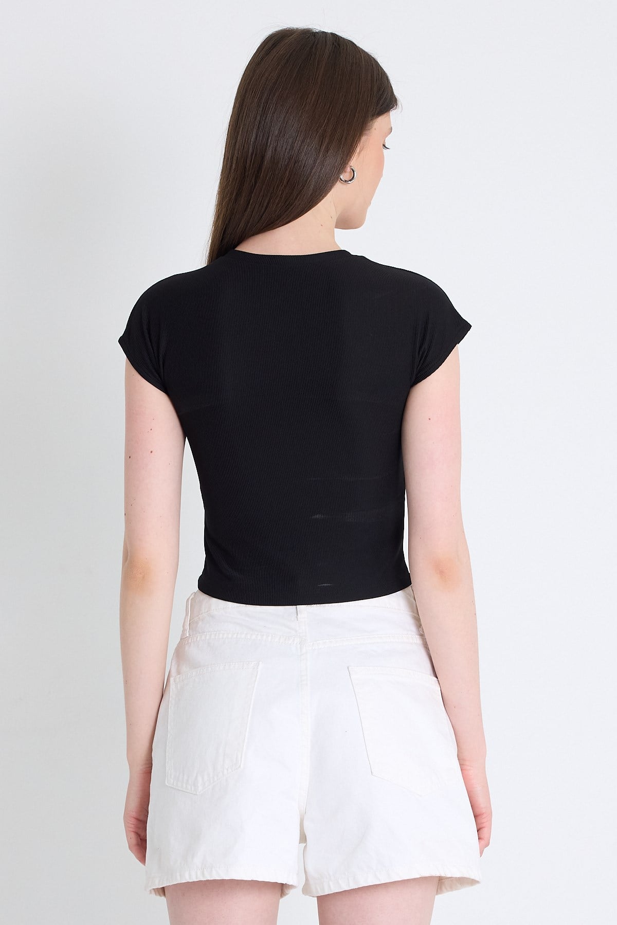 Siyah Taş Detaylı Slim Fit Crop Tişört 9207M