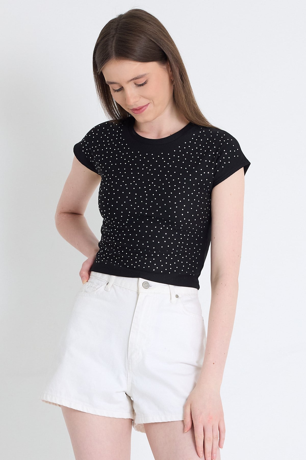 Siyah Taş Detaylı Slim Fit Crop Tişört 9207M