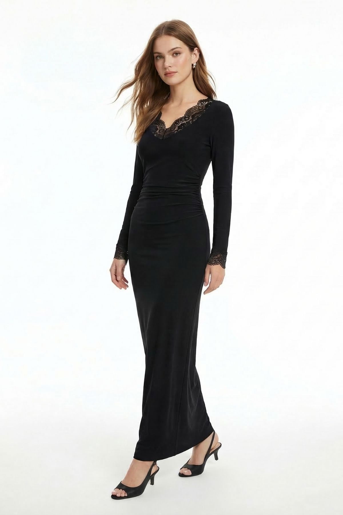 Siyah V Yaka Dantelli Elbise 15067