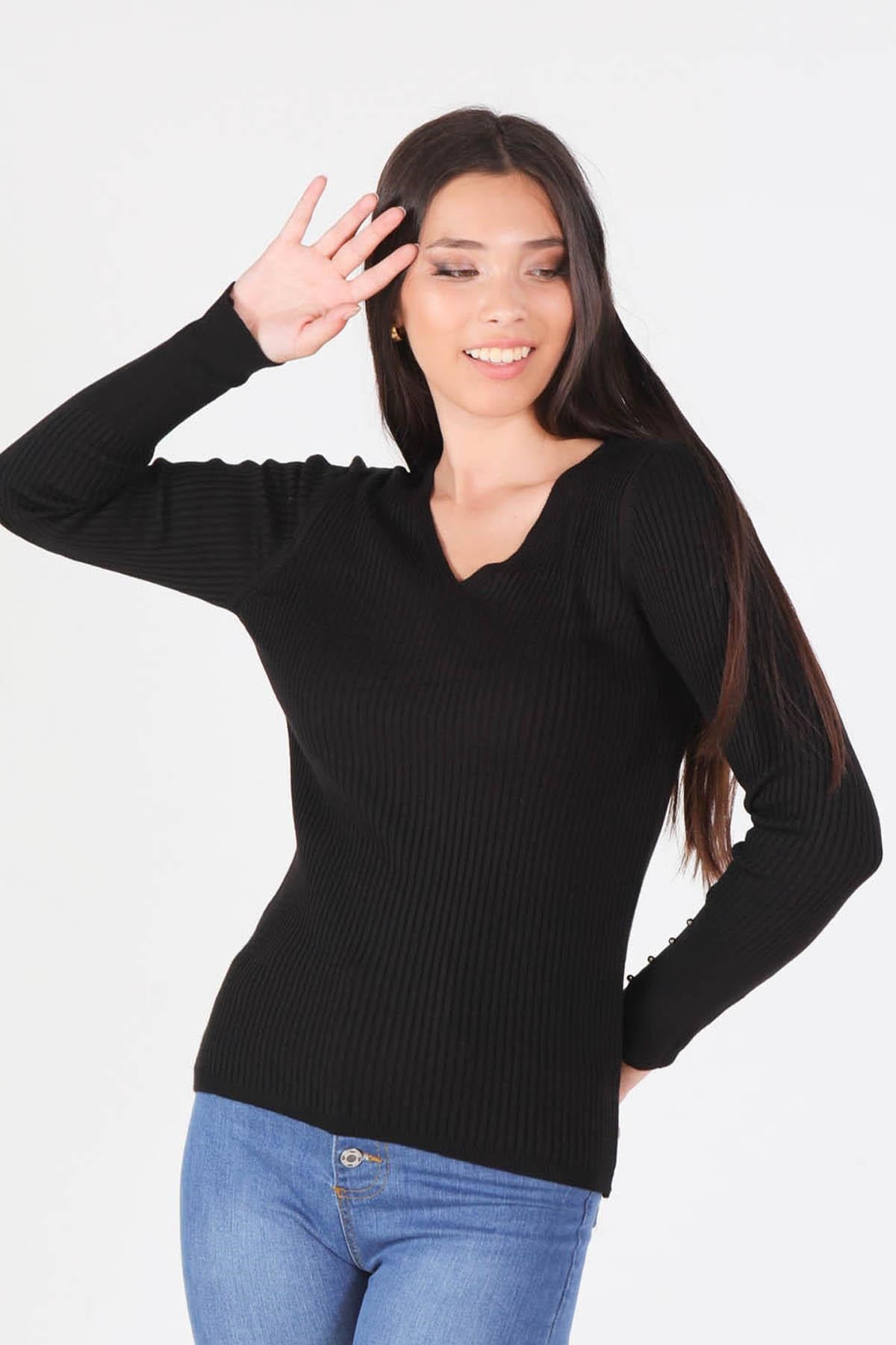 Siyah V Yaka Fitilli Kazak 1020