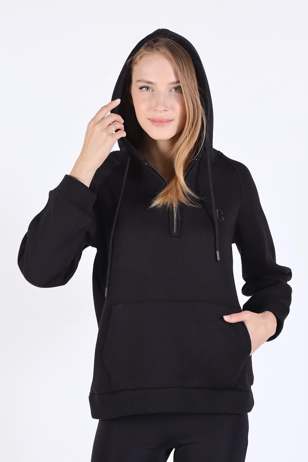 Siyah Yarım Fermuar Detay Cepli Sweat 9140M