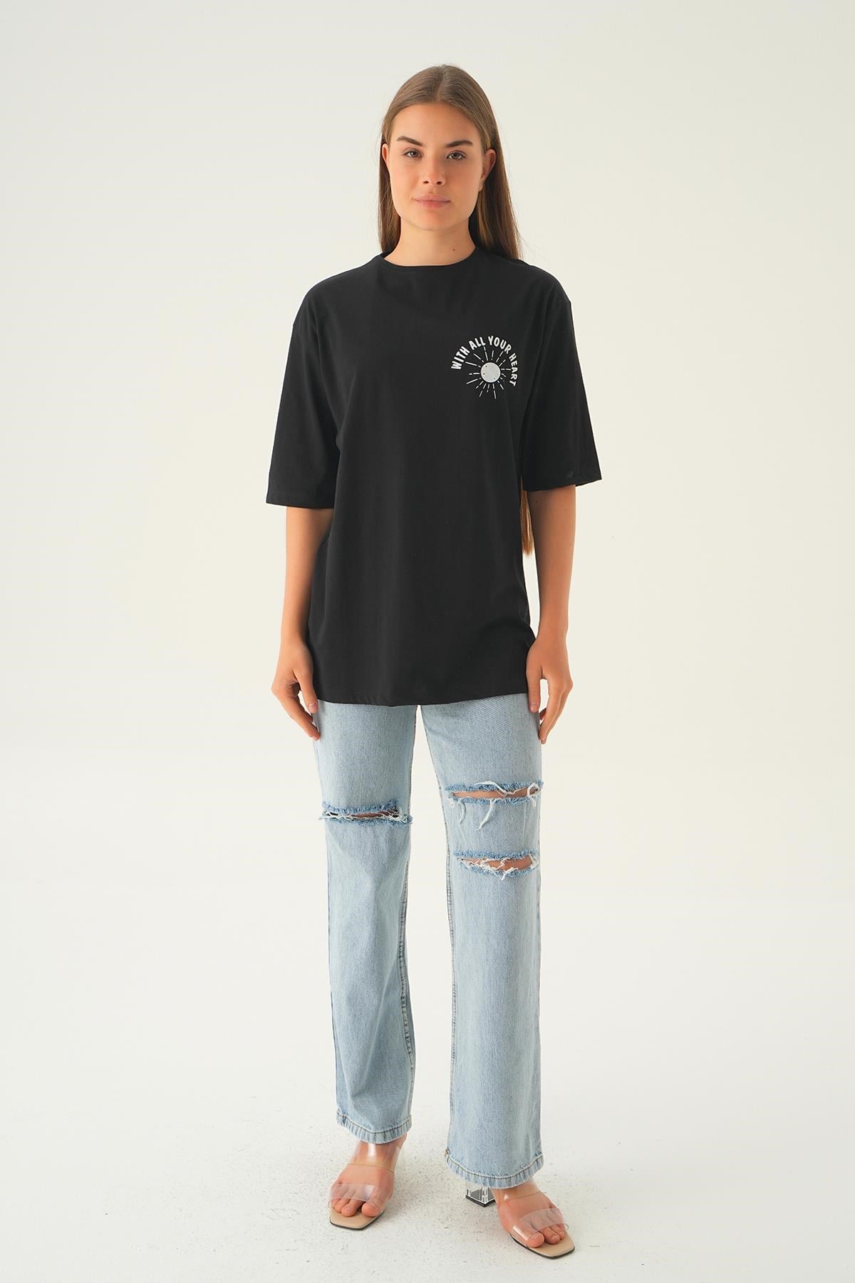 Siyah Yazı Baskı Oversize Tişört 1706