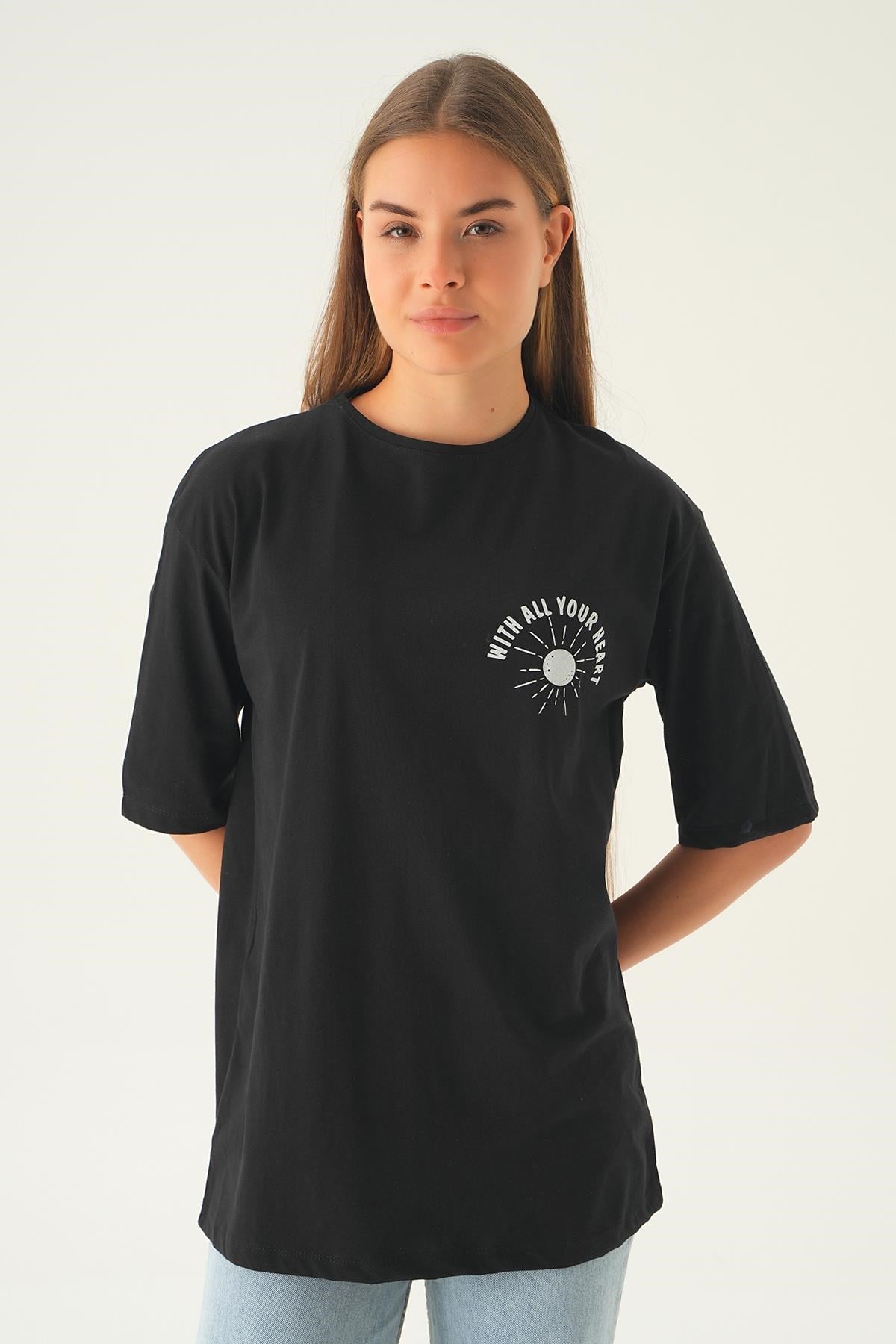 Siyah Yazı Baskı Oversize Tişört 1706