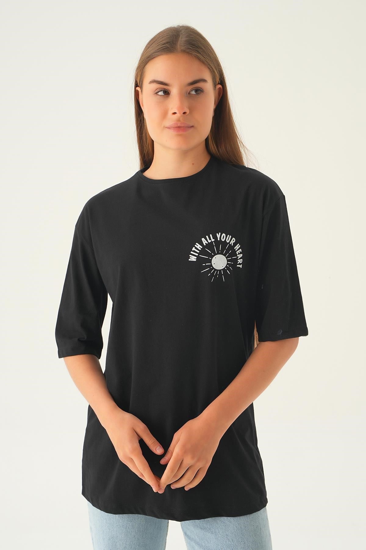 Siyah Yazı Baskı Oversize Tişört 1706