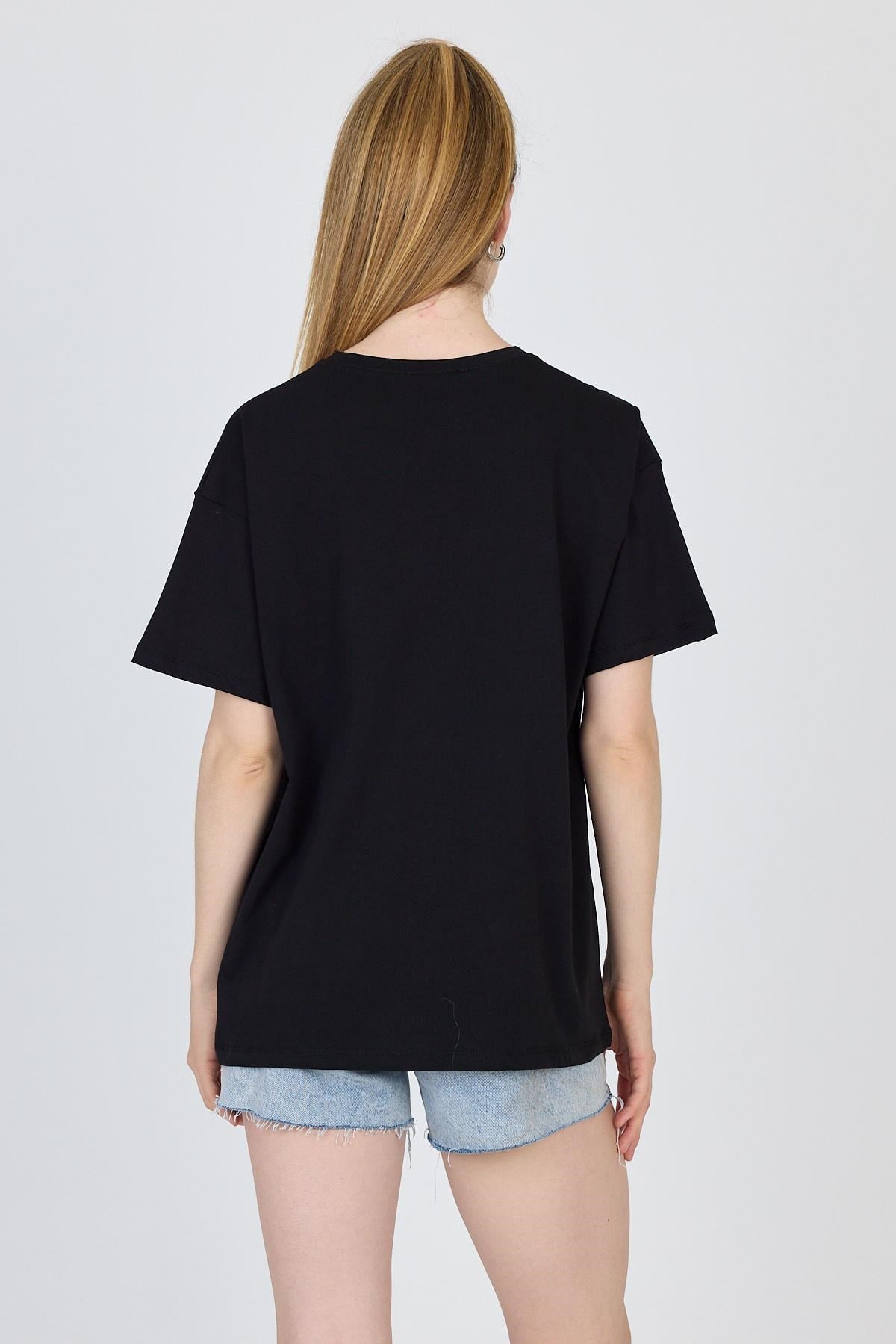 Siyah Yazı Baskılı %100 Pamuk Oversize Tişört 2150-18M