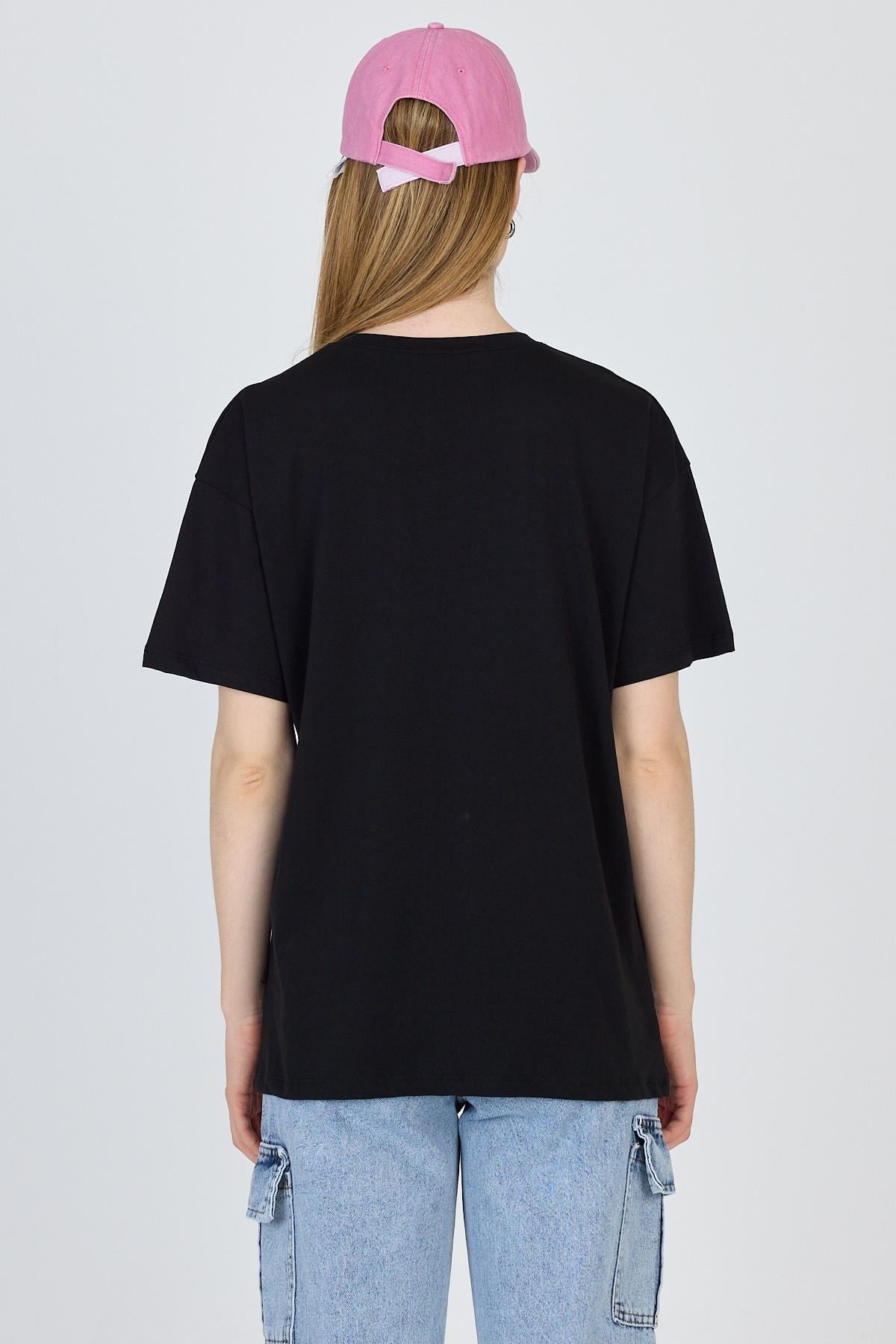 Siyah Yazı Baskılı %100 Pamuk Oversize Tişört 2150-17M