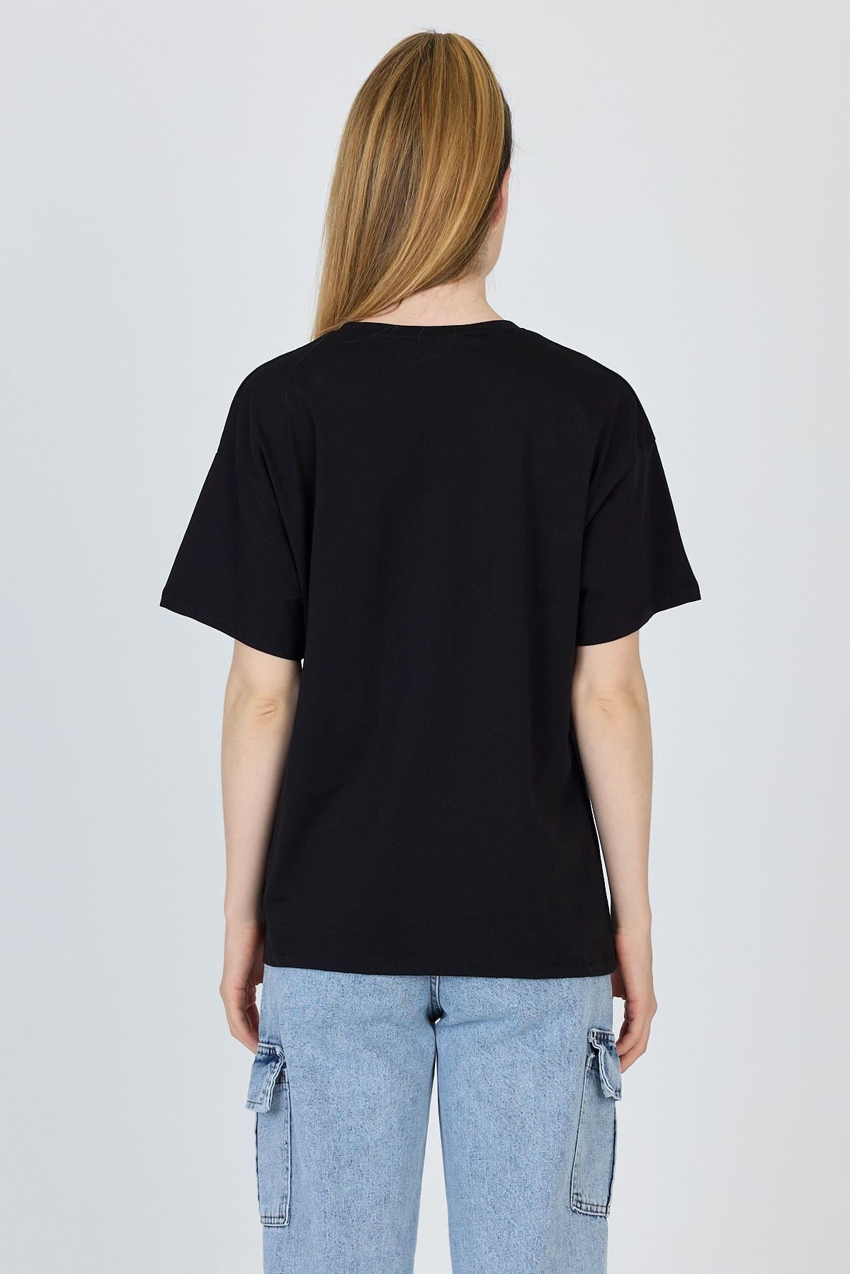 Siyah Yazı Baskılı %100 Pamuk Oversize Tişört 2150-9M