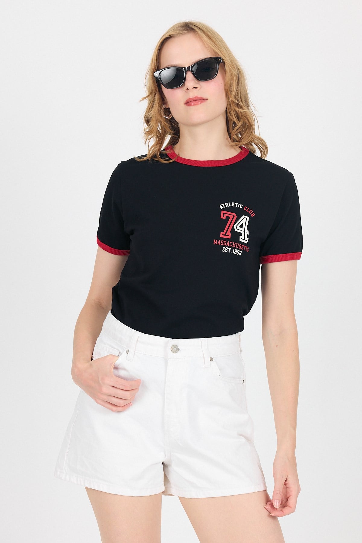 Siyah Yazı Baskılı Regular Fit Ribana Detaylı Tişört 6325