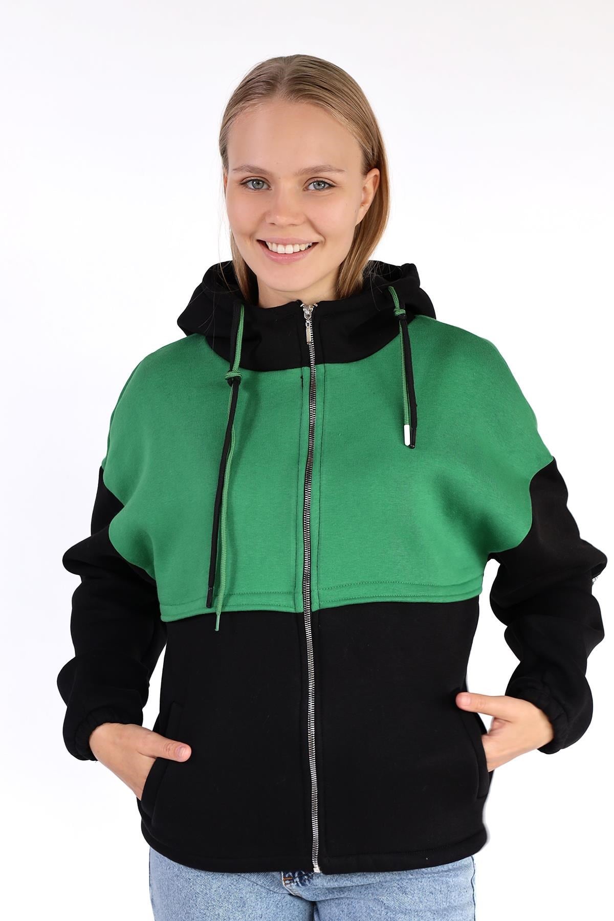 Siyah-Yeşil Fermuar Detay Çift Renk Sweat 9144M
