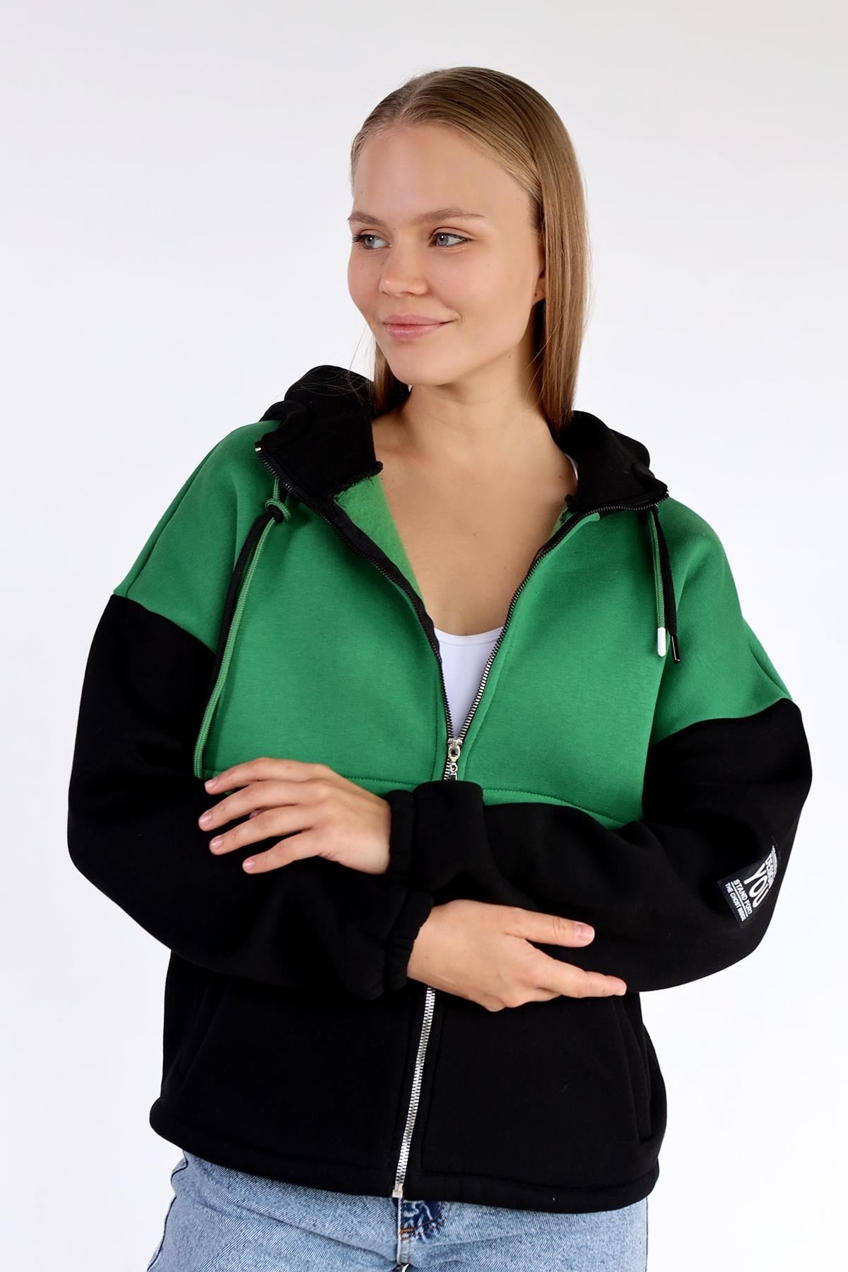 Siyah-Yeşil Fermuar Detay Çift Renk Sweat 9144M