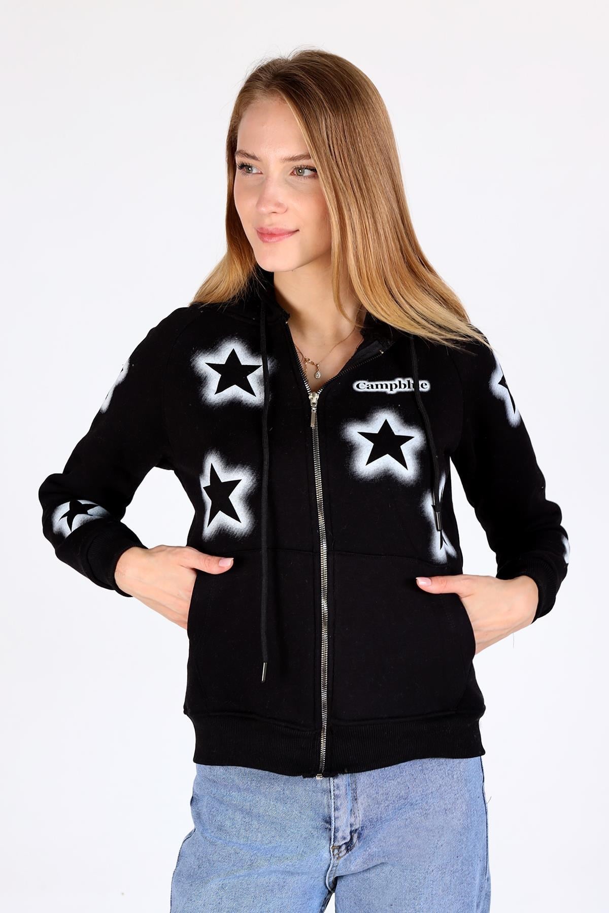 Siyah Yıldız Baskı Fermuarlı Sweat 9139M
