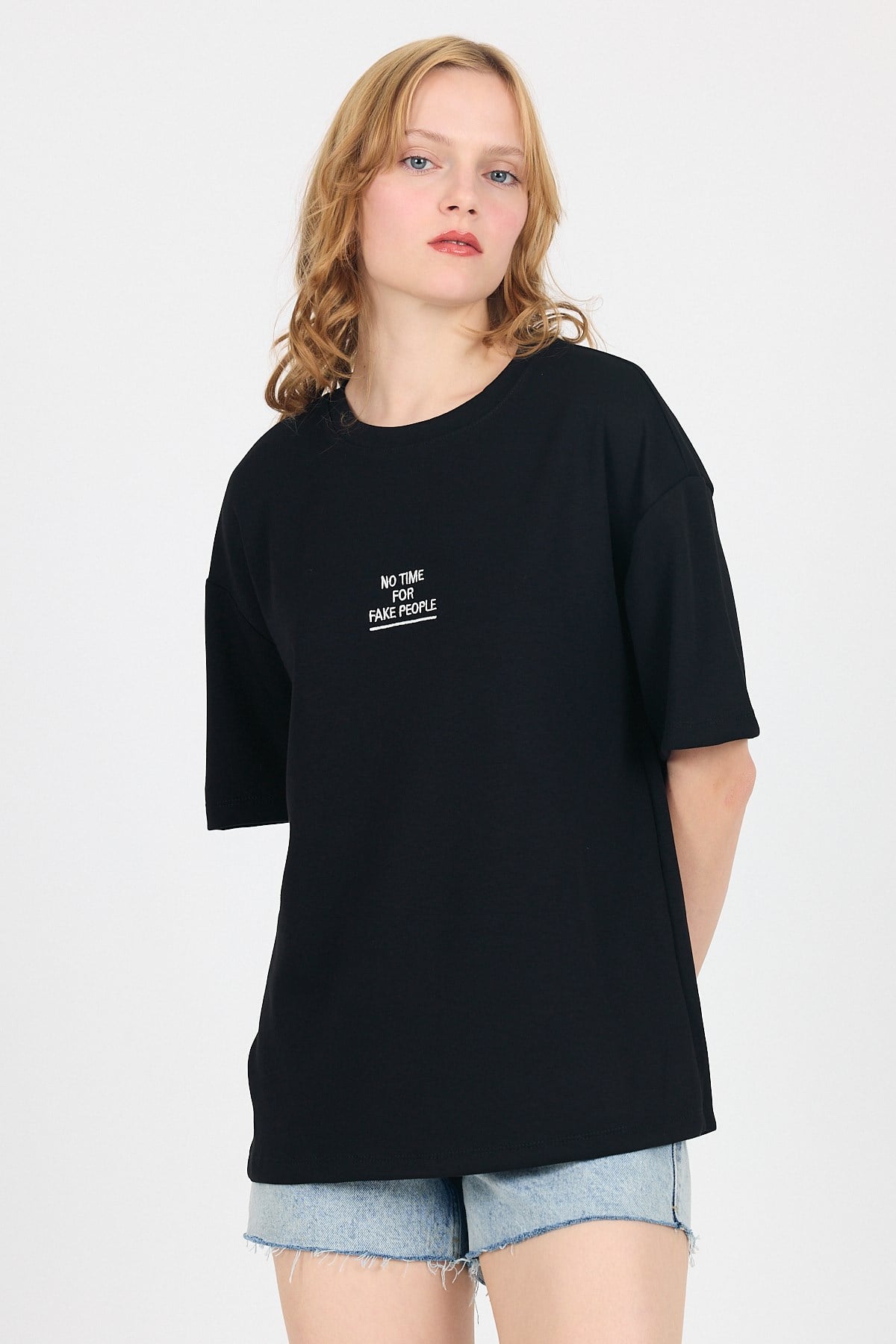 Siyah Yumuşak Dokulu Yazı Baskılı Oversize Tişört 6265