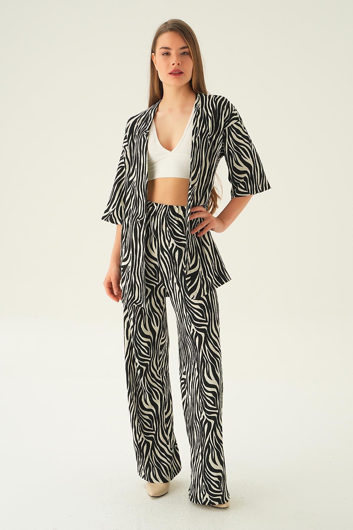 Siyah Zebra Desen Kimono Takım 4118A