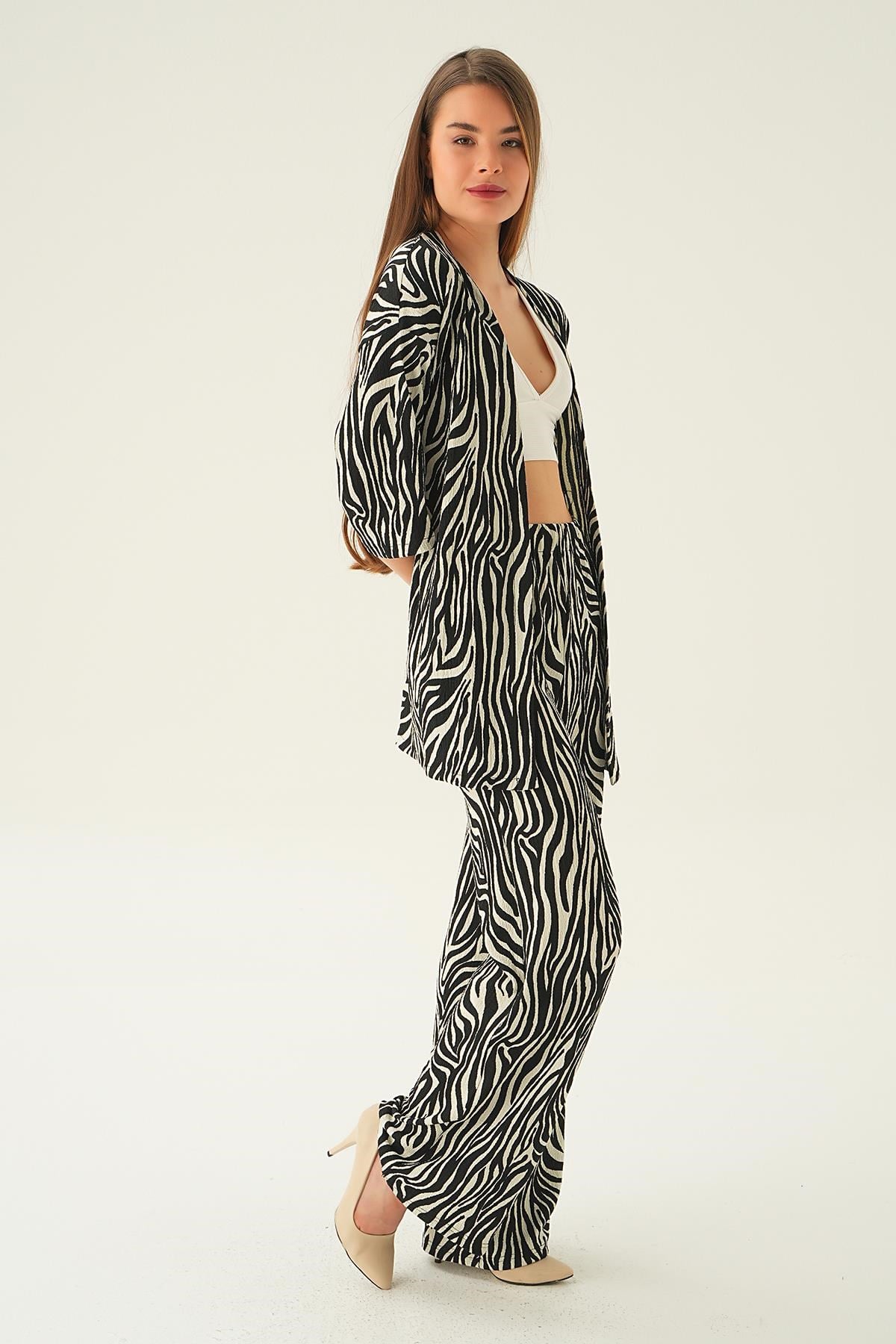 Siyah Zebra Desen Kimono Takım 4118A